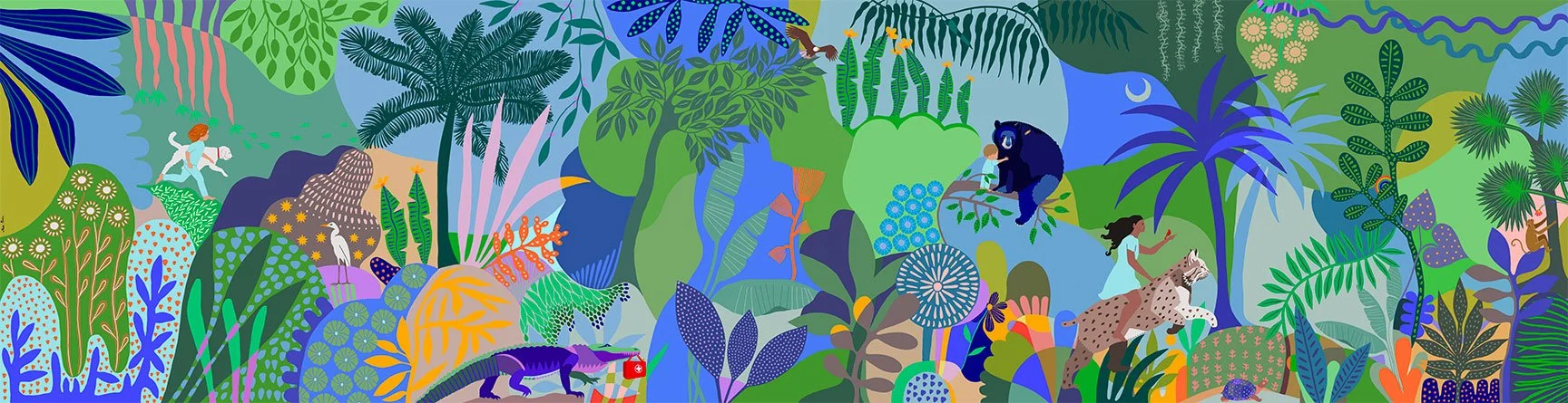 Colorful jungle scene with children riding on animal characters, surrounded by vibrant plants, trees, flowers, and mythical creatures, all in a whimsical, cartoon style.