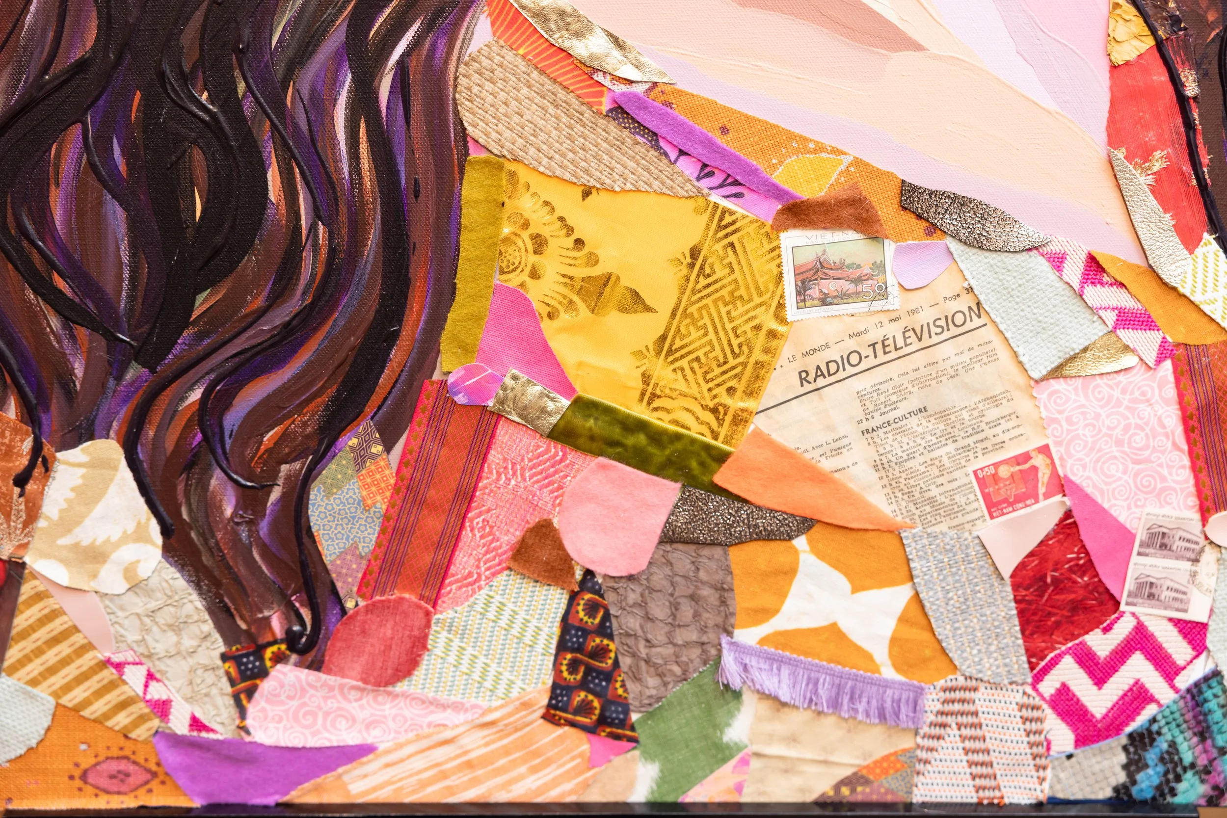 Collage of various colorful torn paper and fabric pieces with different textures and patterns, including a postage stamp, a newspaper clipping, and painted sections.