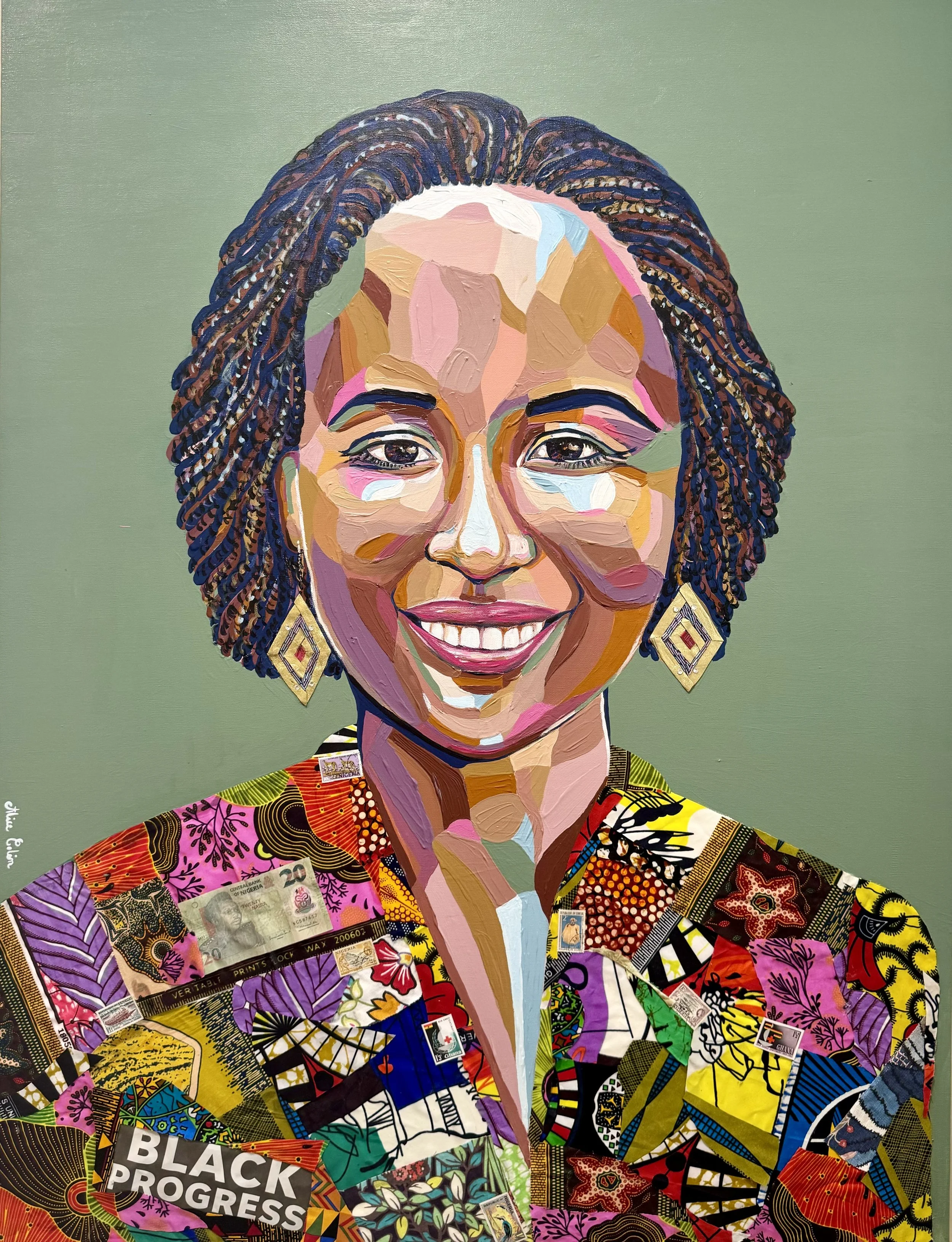 Colorful portrait of a woman with dark braided hair and earrings, wearing a vibrant patterned jacket with a collage of various designs and images, including newspapers and artwork, set against a plain light green background.