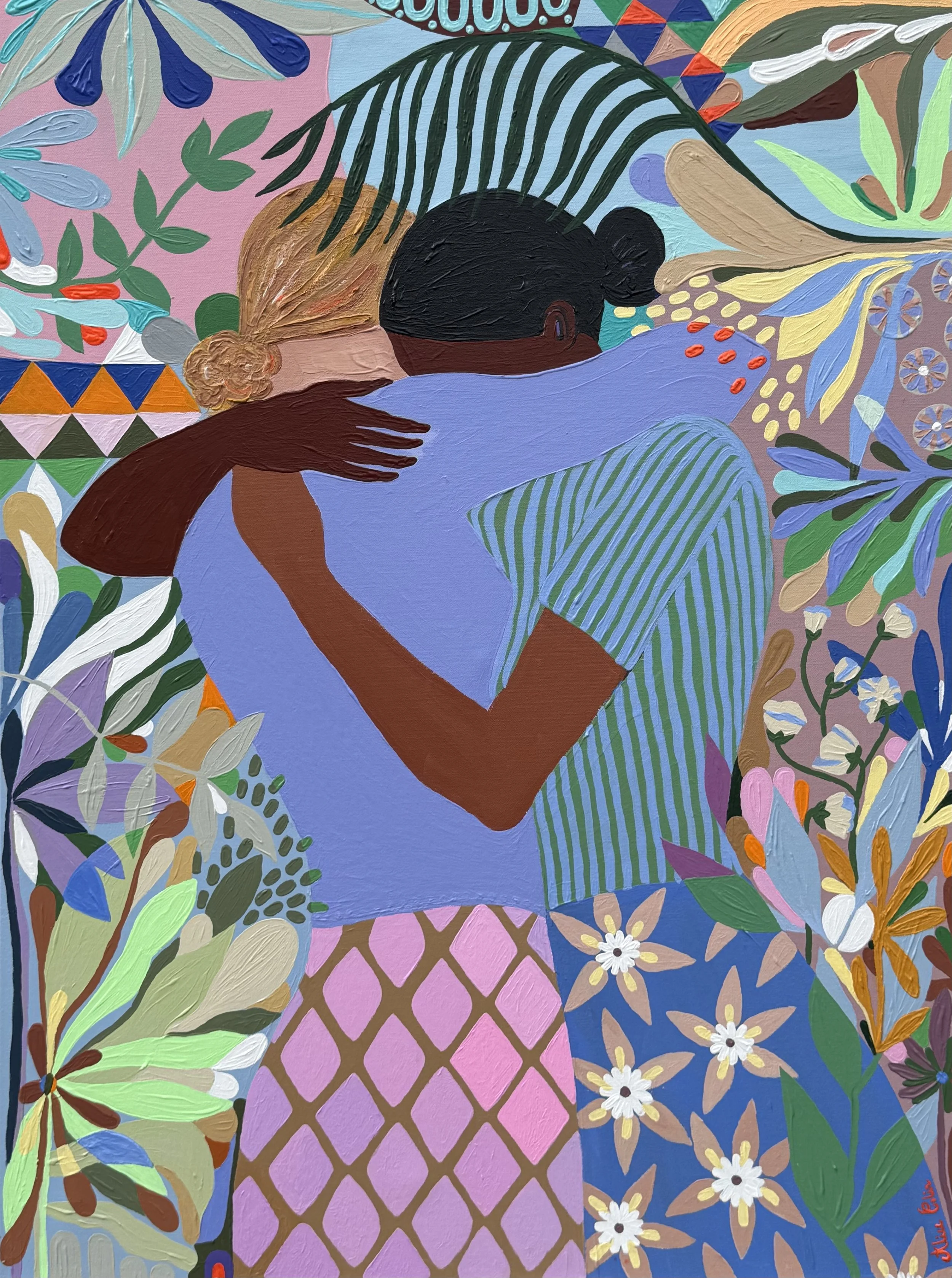 A colorful painting of two people hugging surrounded by various plants and flowers.