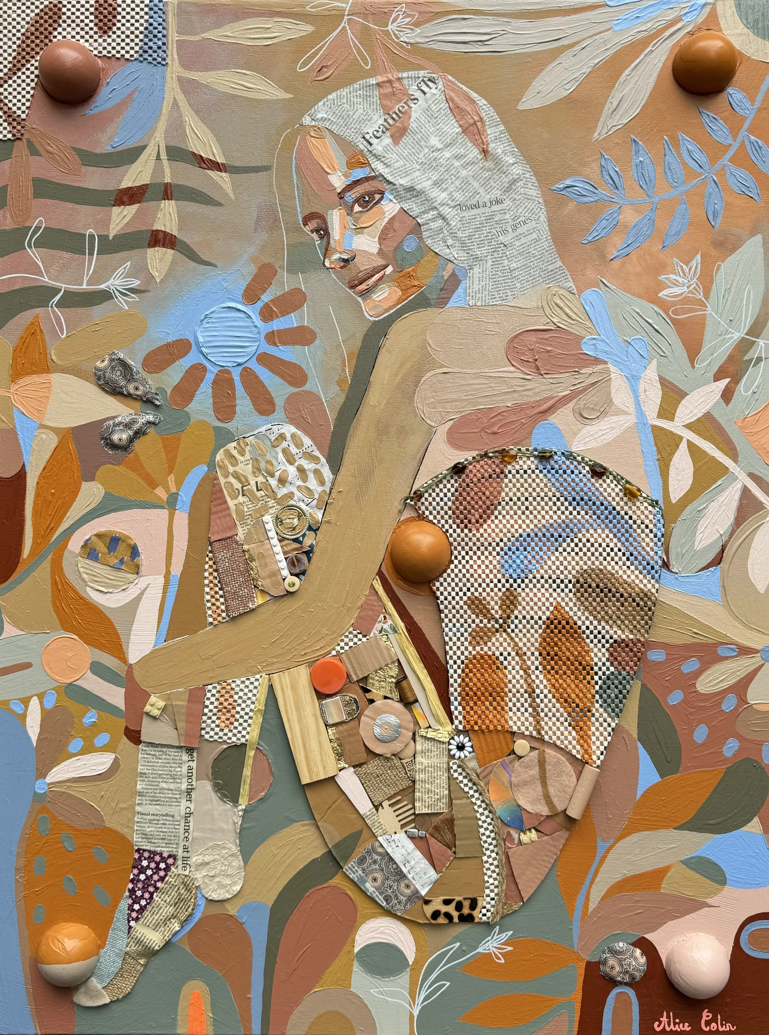 Mixed media artwork featuring a woman with newspaper collage hair, painted face, surrounded by colorful abstract patterns, leaves, flowers, and textured objects.