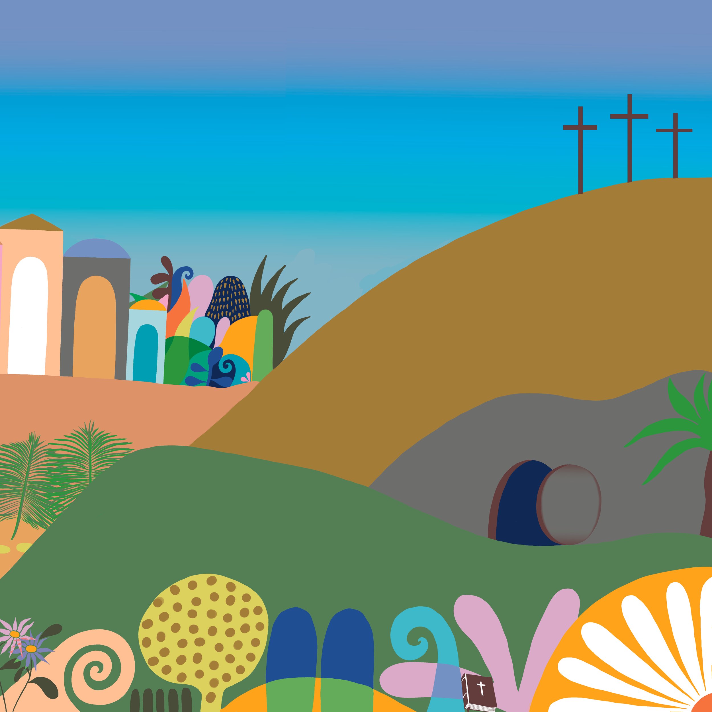 A colorful illustrated landscape with a blue sky, three crosses on a hill, textured trees, flowers, abstract shapes, and a small book with a cross symbol.