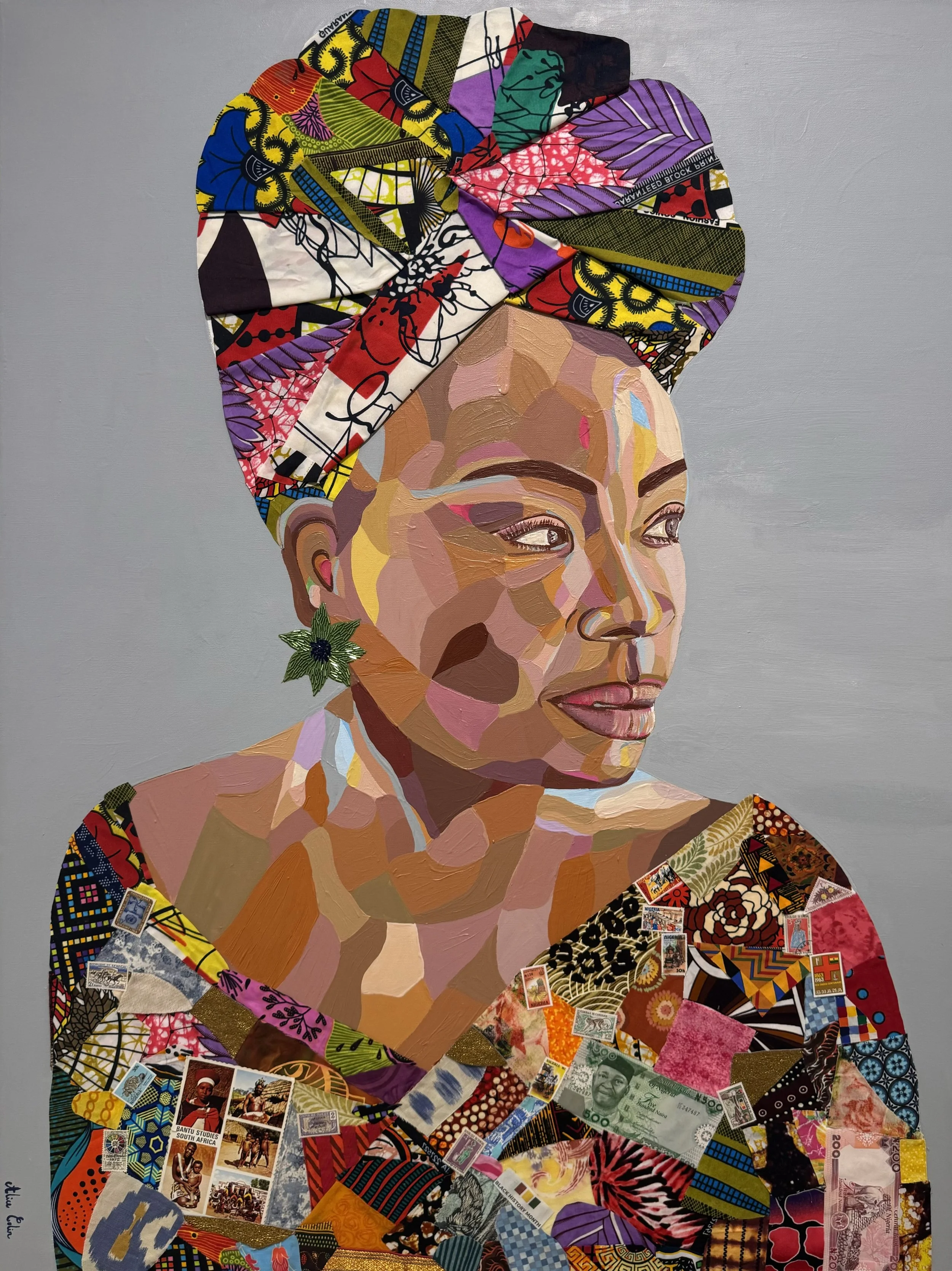 A portrait of a woman with a colorful headwrap made of various patterned fabrics and a large green leaf-shaped earring.