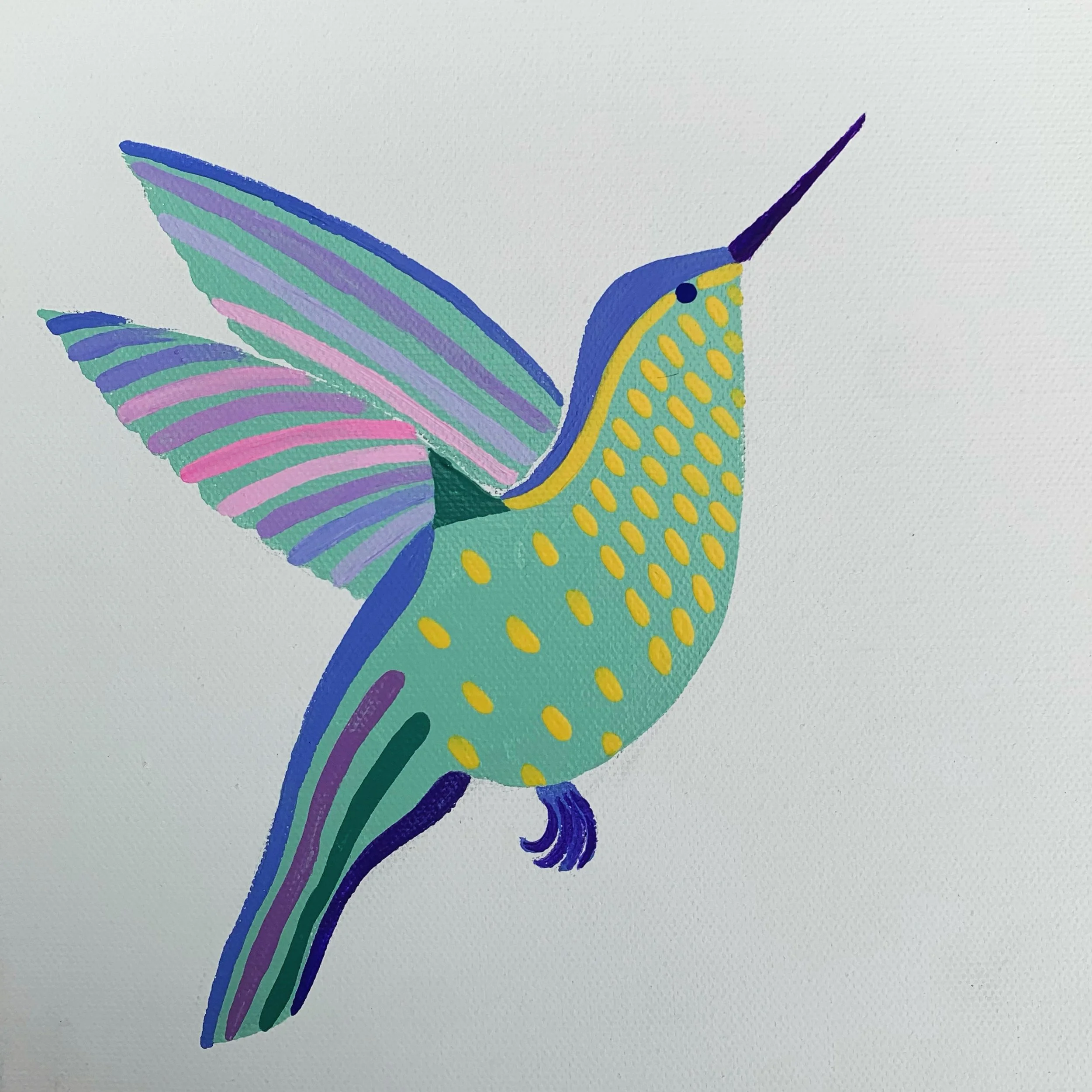 Colorful, stylized butterfly illustration with striped and dotted patterns in shades of purple, blue, yellow, and green on a white background.