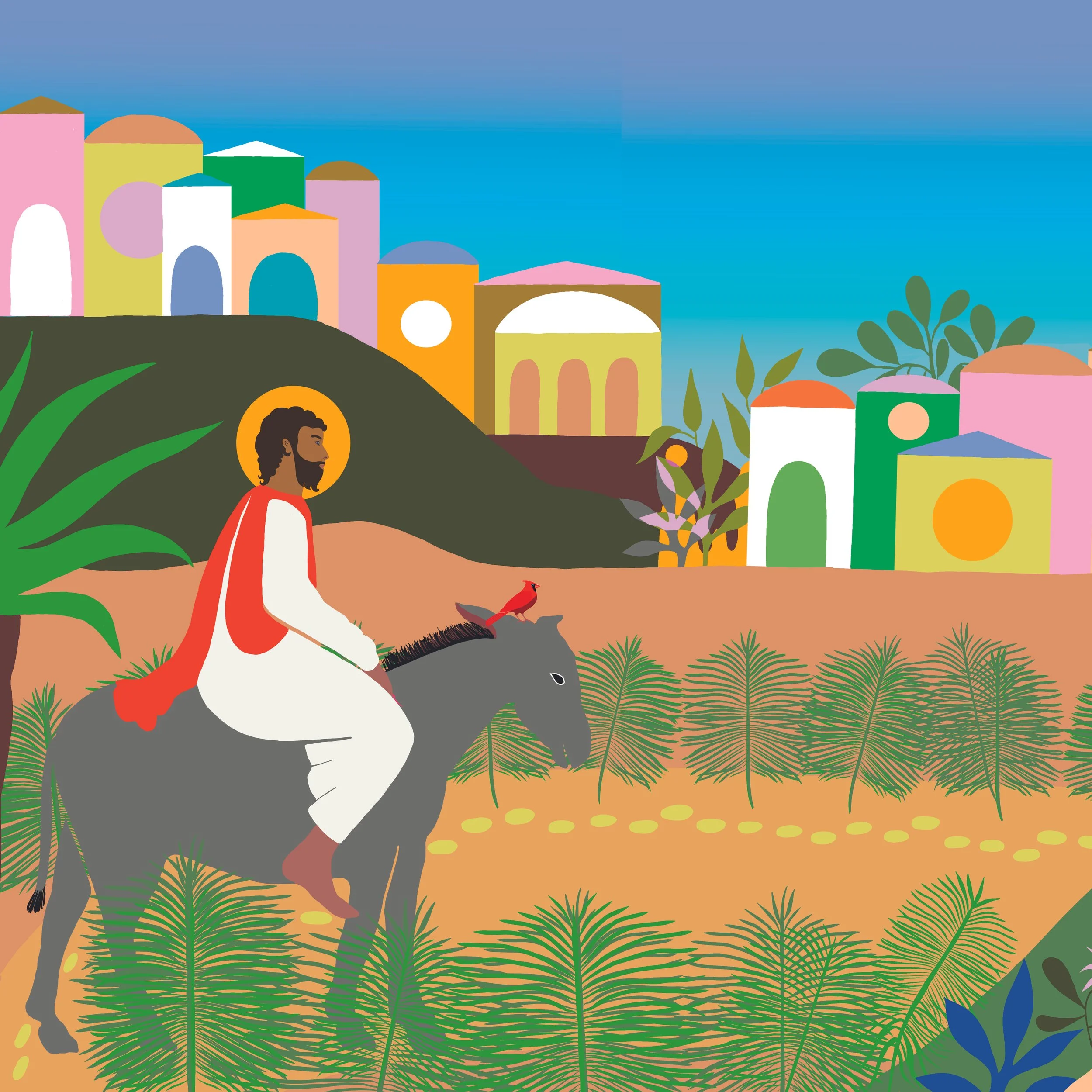 Illustration of a colorful cityscape with various buildings and a person riding a horse in a natural setting, with plants, trees, a bird, and a bright blue sky.