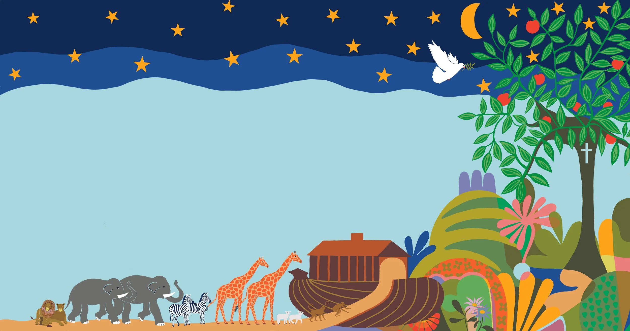 Colorful illustration of animals and nature, featuring elephants, zebras, giraffes, a lion, a bird, a tree with apples, flowers, and a boat against a backdrop of stars, a crescent moon, and a night sky.