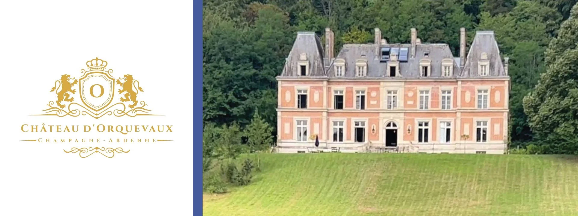 Photo of Château d'Orquevaux, a large, ornate, pinkish castle with many windows, set against a lush green forest background, with a lawn in front.