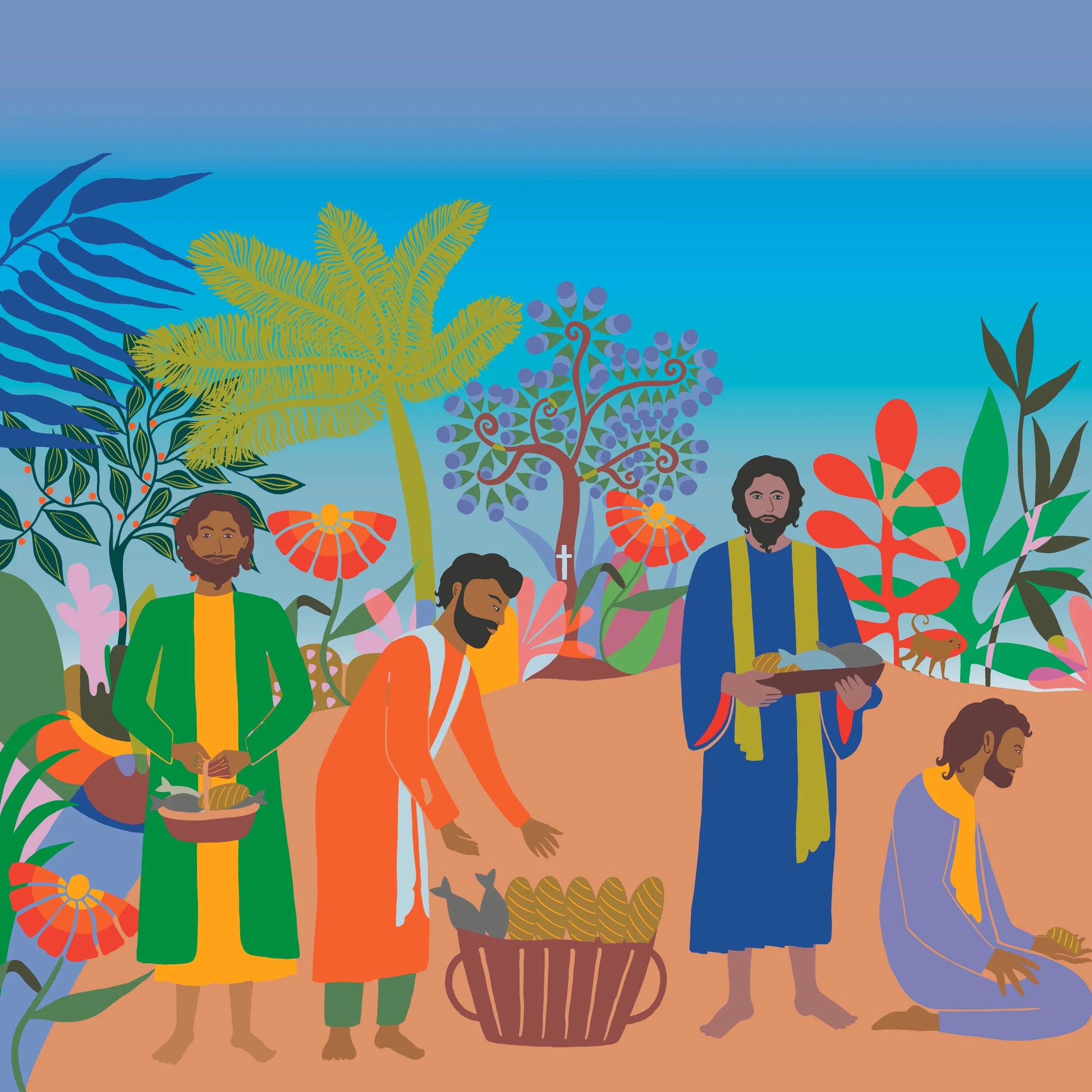 Illustration of diverse people gathering outdoors among large colorful plants and flowers, with a blue sky background.