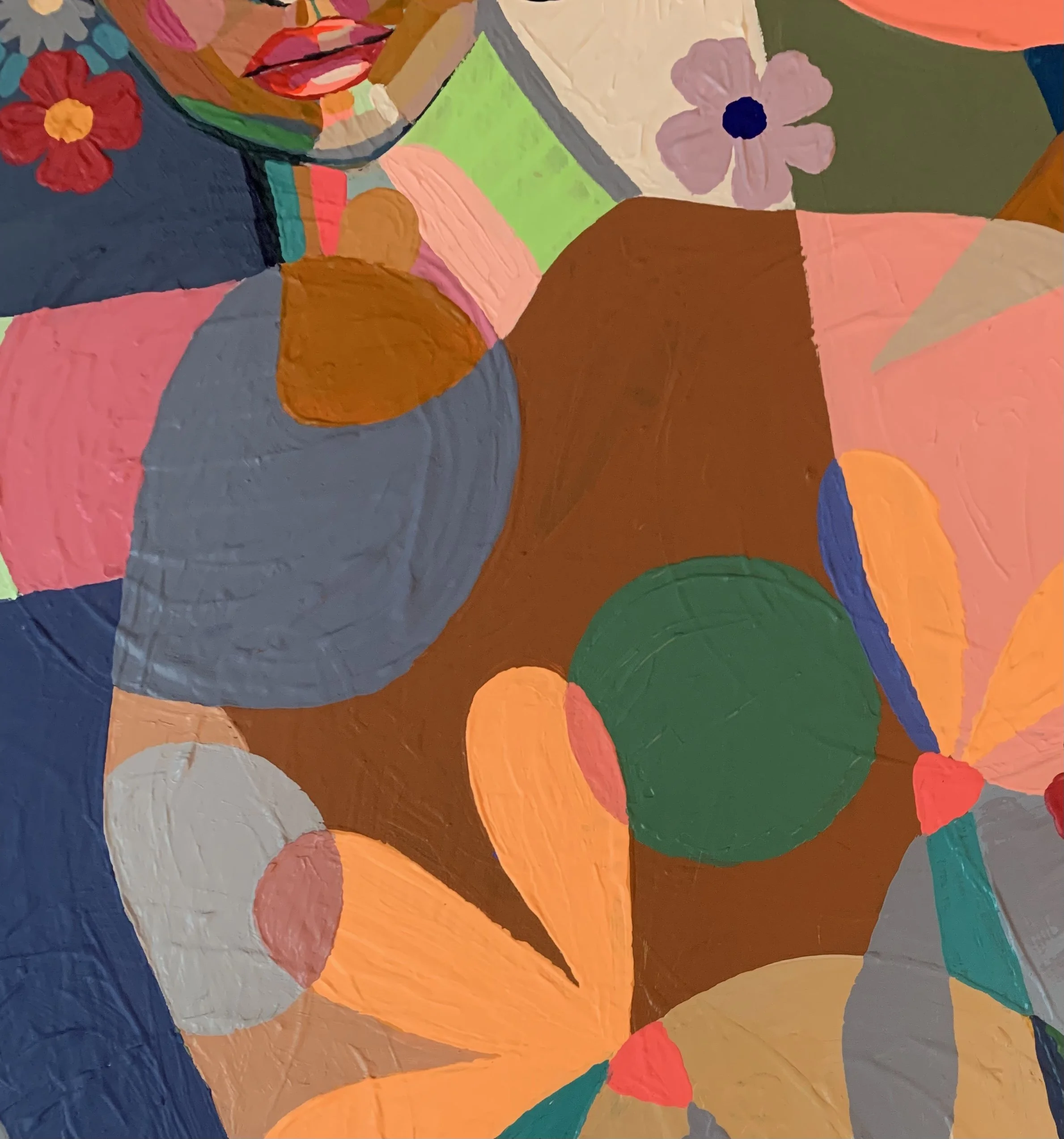 Close-up of an abstract colorful painting featuring overlapping circular and floral shapes in shades of red, pink, orange, green, blue, navy, gray, and cream.