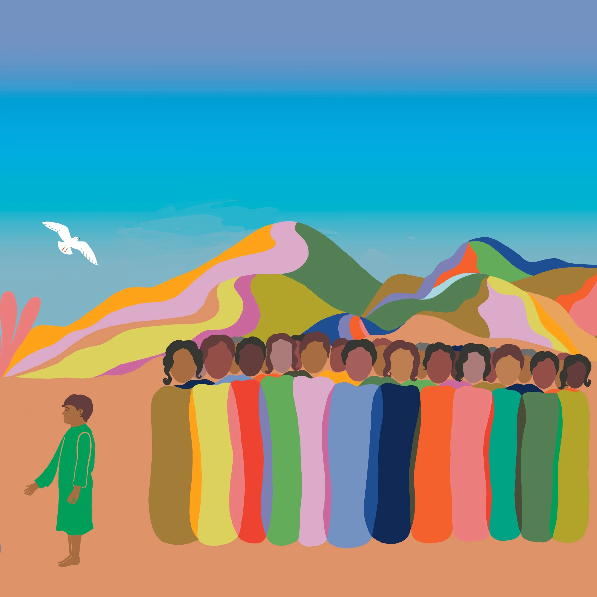A colorful illustration of a group of diverse people standing in front of a mountain landscape with a sky background, and a white bird flying in the sky.