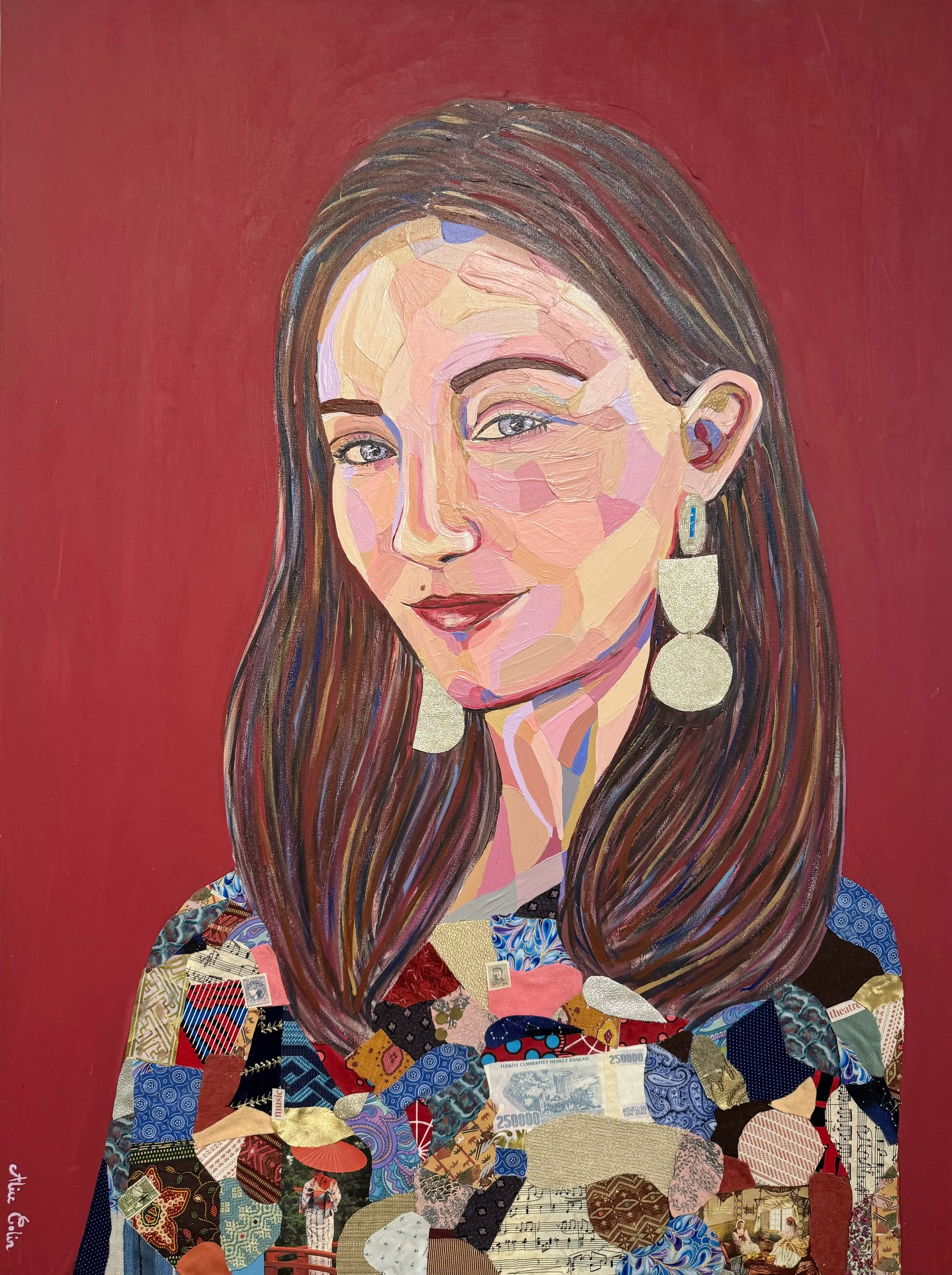An abstract portrait created with collage, featuring a woman with long, dark hair and earrings, set against a red background.
