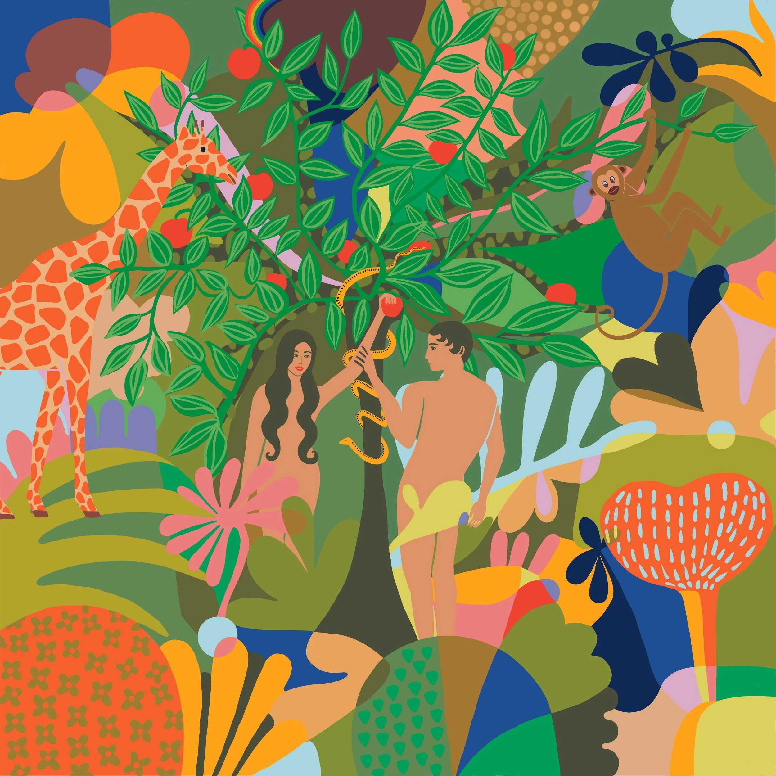 Illustration of a jungle scene with a giraffe, a monkey hanging from a branch, a snake, a woman and a man among tropical plants and flowers, and colorful abstract background elements.