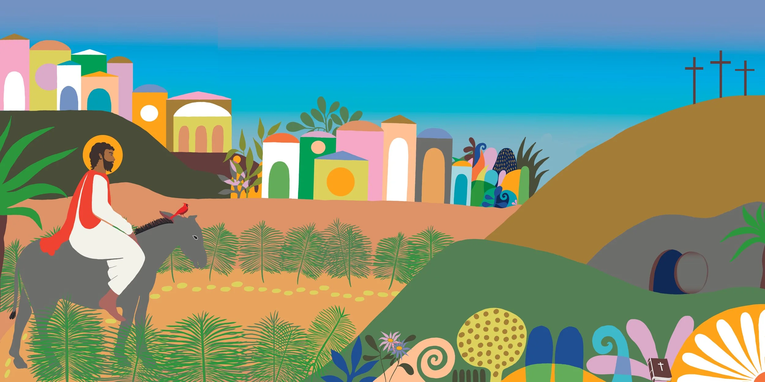A colorful illustration of a biblical scene with Jesus riding a donkey, holding a palm branch, in front of a city with various shaped and colored buildings, hills, and crosses on top of a hill in the background.