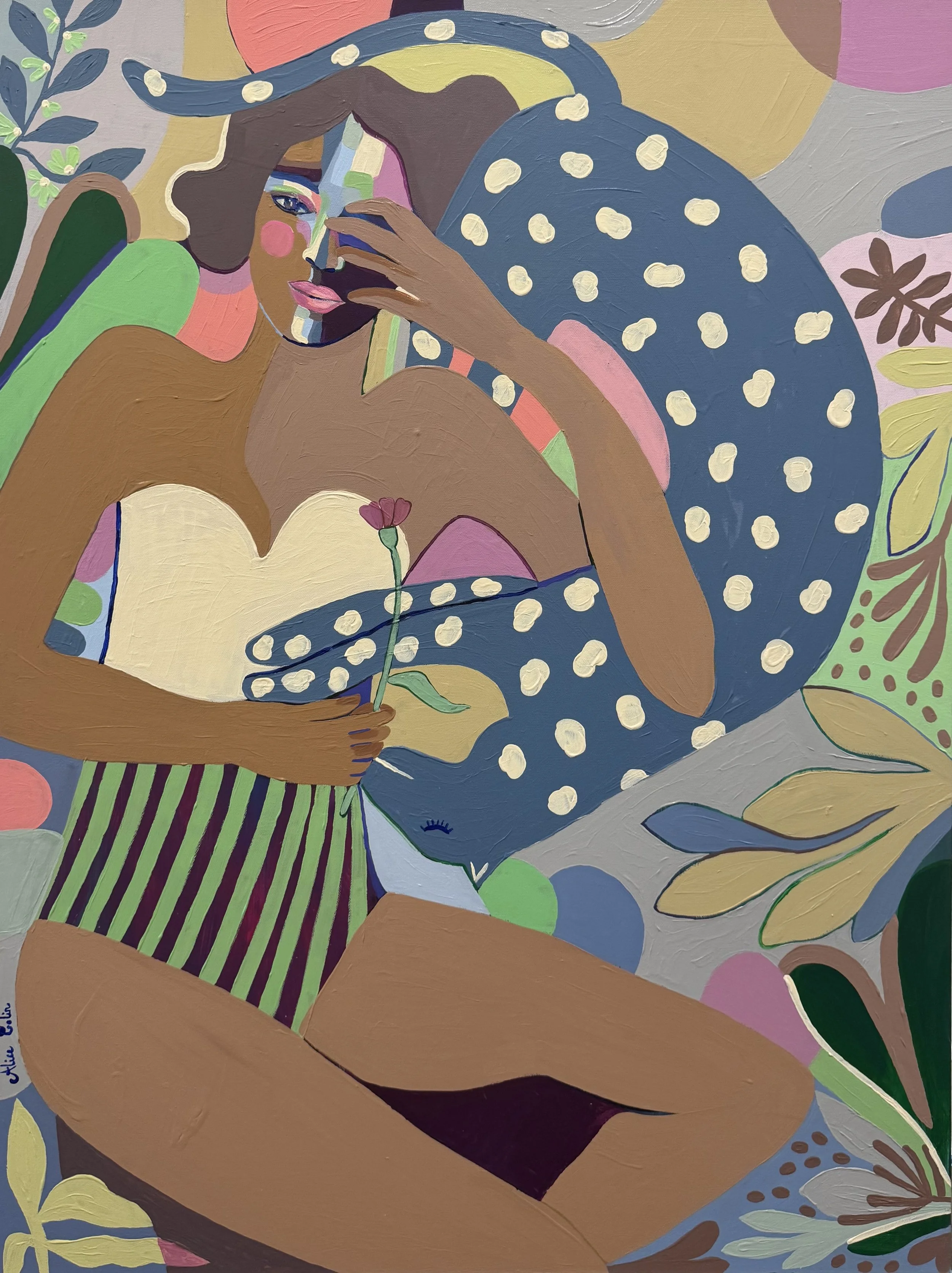 An abstract painting of a woman with long, brown hair, holding a pink flower, surrounded by colorful shapes and patterns.
