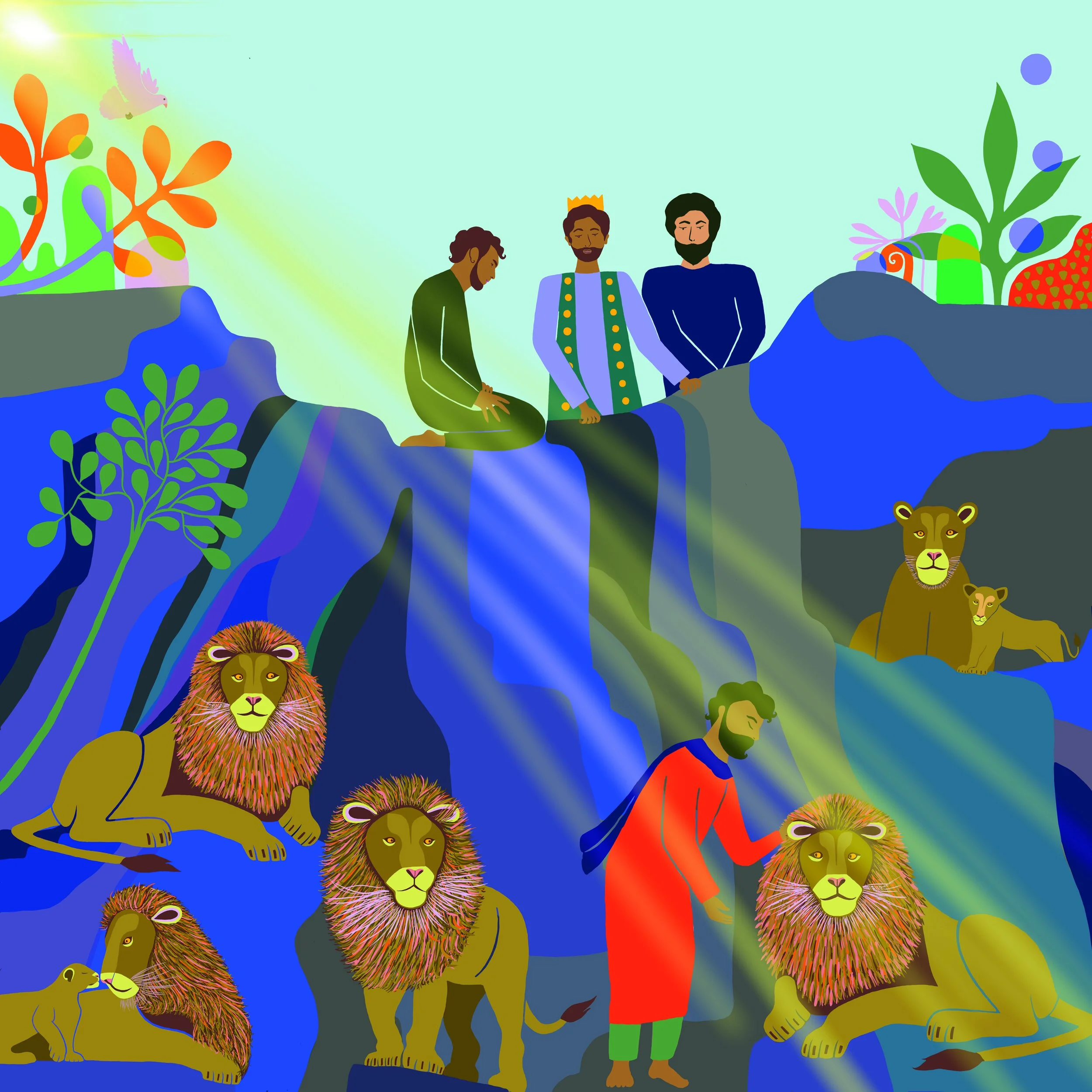 A colorful digital illustration featuring a group of people and lions surrounded by vibrant plants, with a bird flying overhead and a rainbow-colored backdrop.
