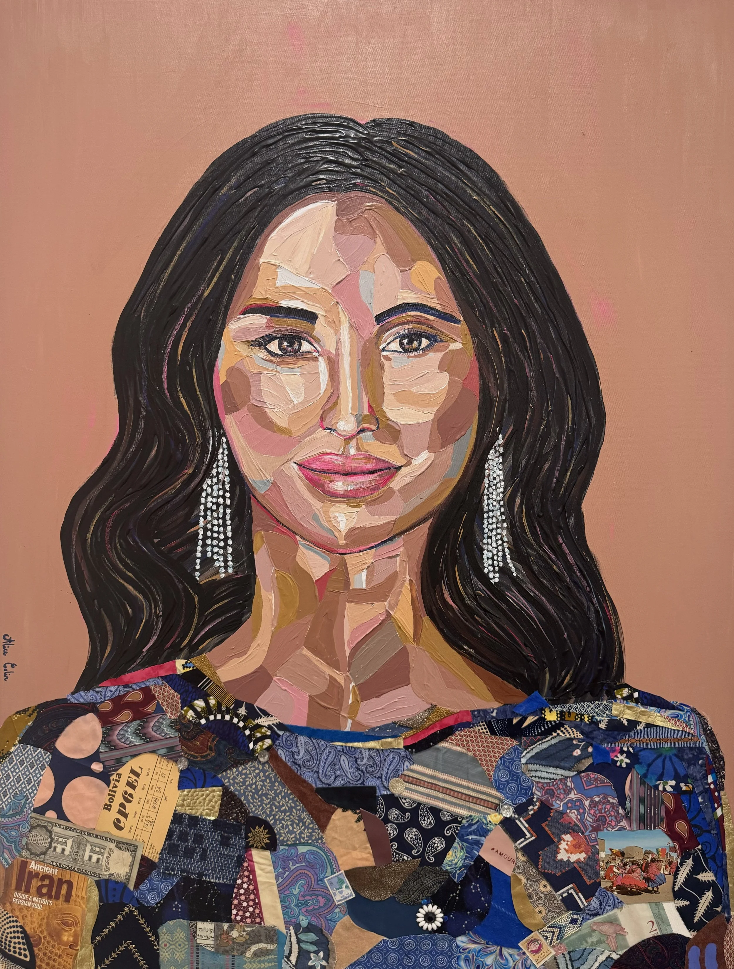A collage portrait of a woman created with various colorful, patterned pieces of paper and magazine cutouts, in a style resembling a mosaic or collage art.