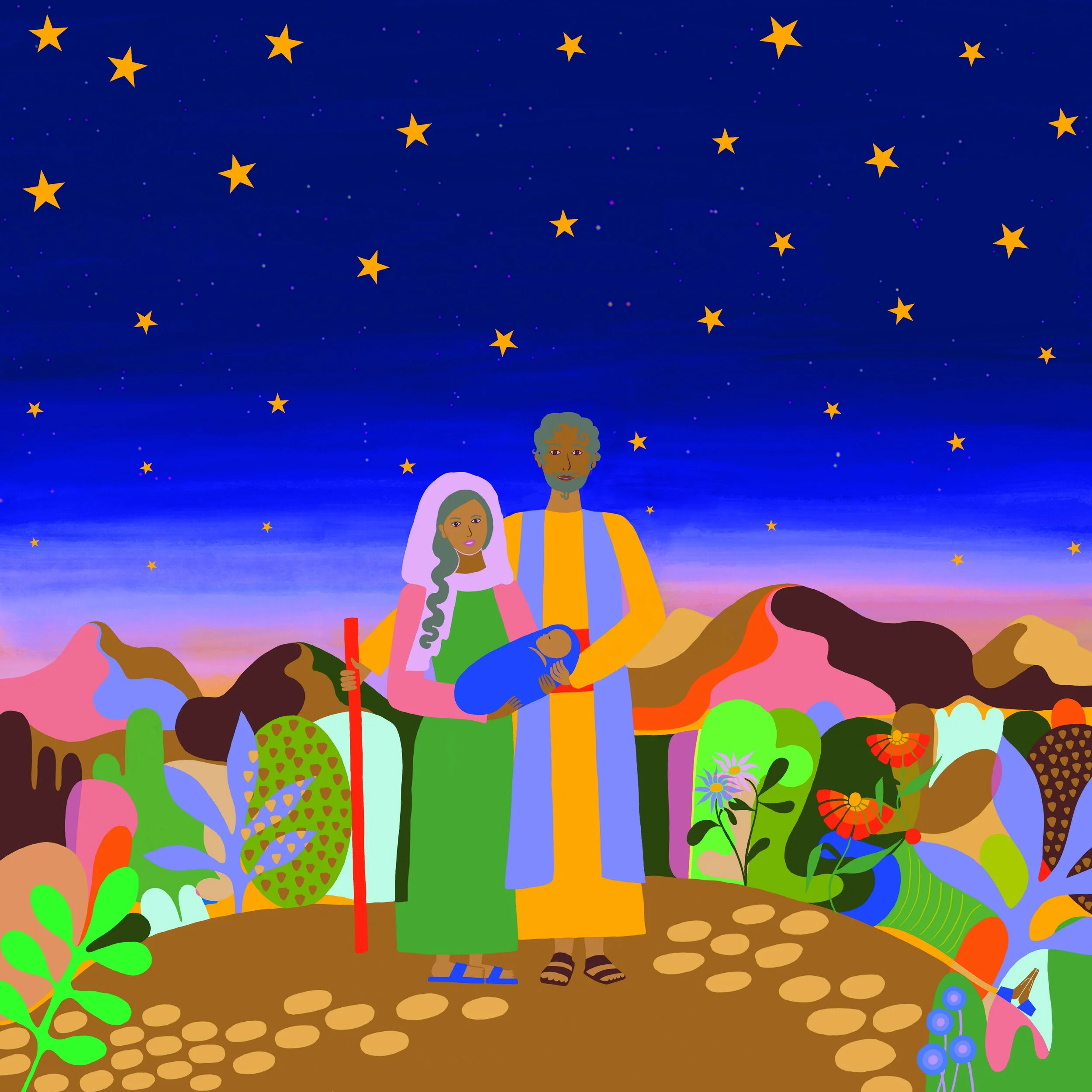 A digital illustration of a diverse group of three people standing on a colorful, stylized landscape with plants and flowers, under a night sky filled with yellow stars.