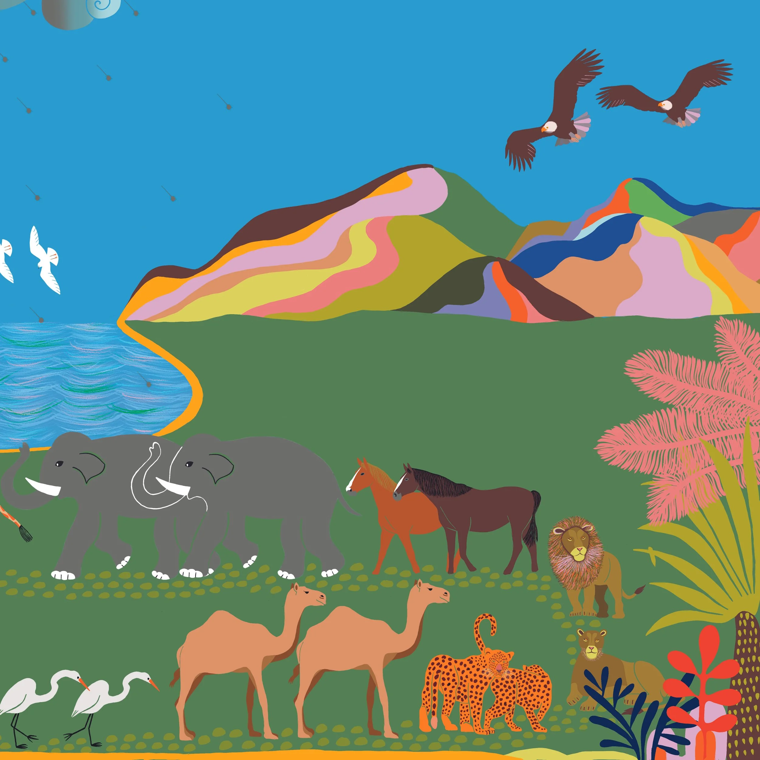 Colorful illustration of various animals including zebras, elephants, horses, lions, cheetahs, leopards, ostriches, and eagles in a vibrant landscape with mountains, water, and trees.