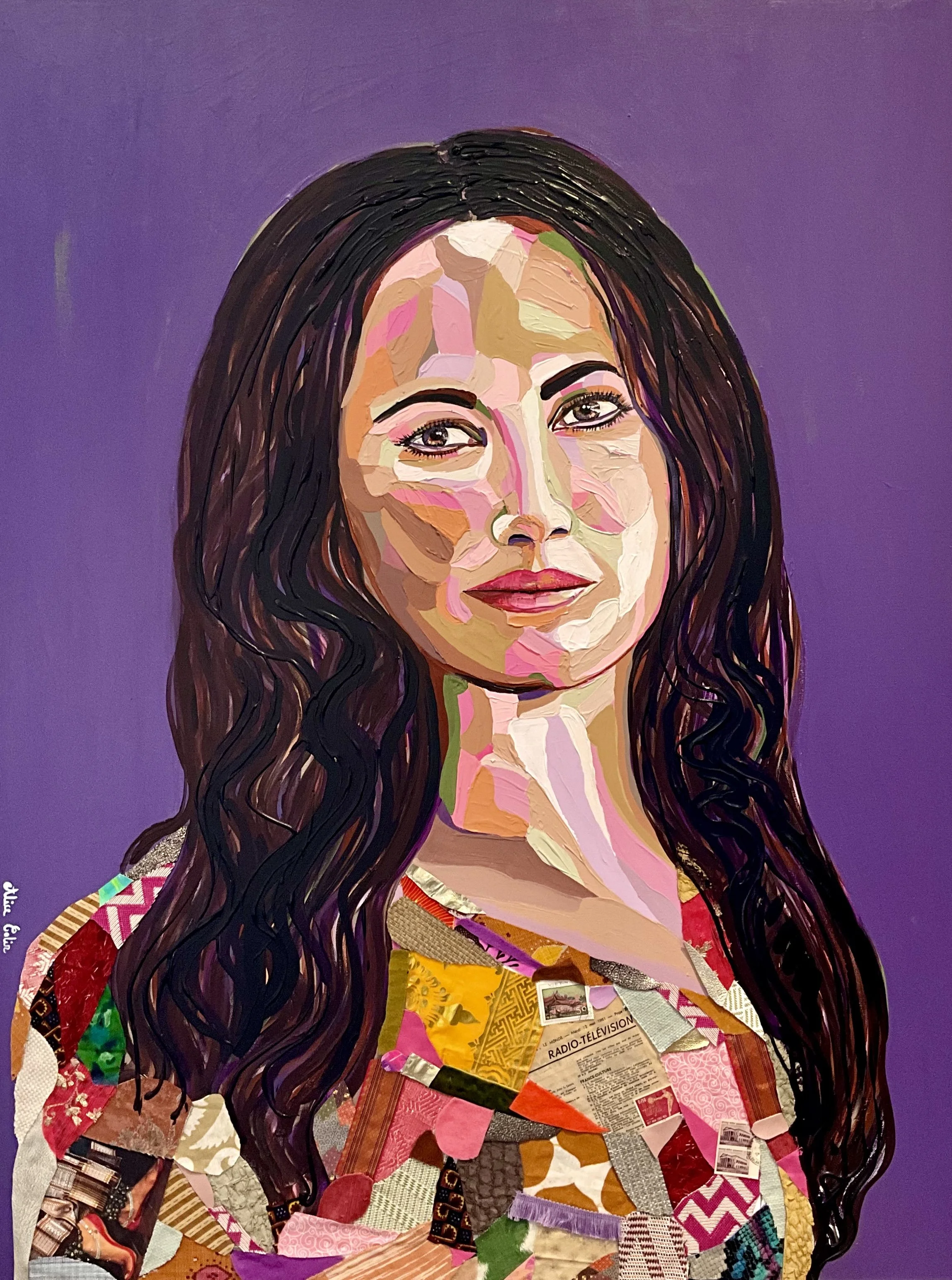 A portrait of a woman created with various colorful fabric pieces, depicting her with long wavy hair and a purple background.