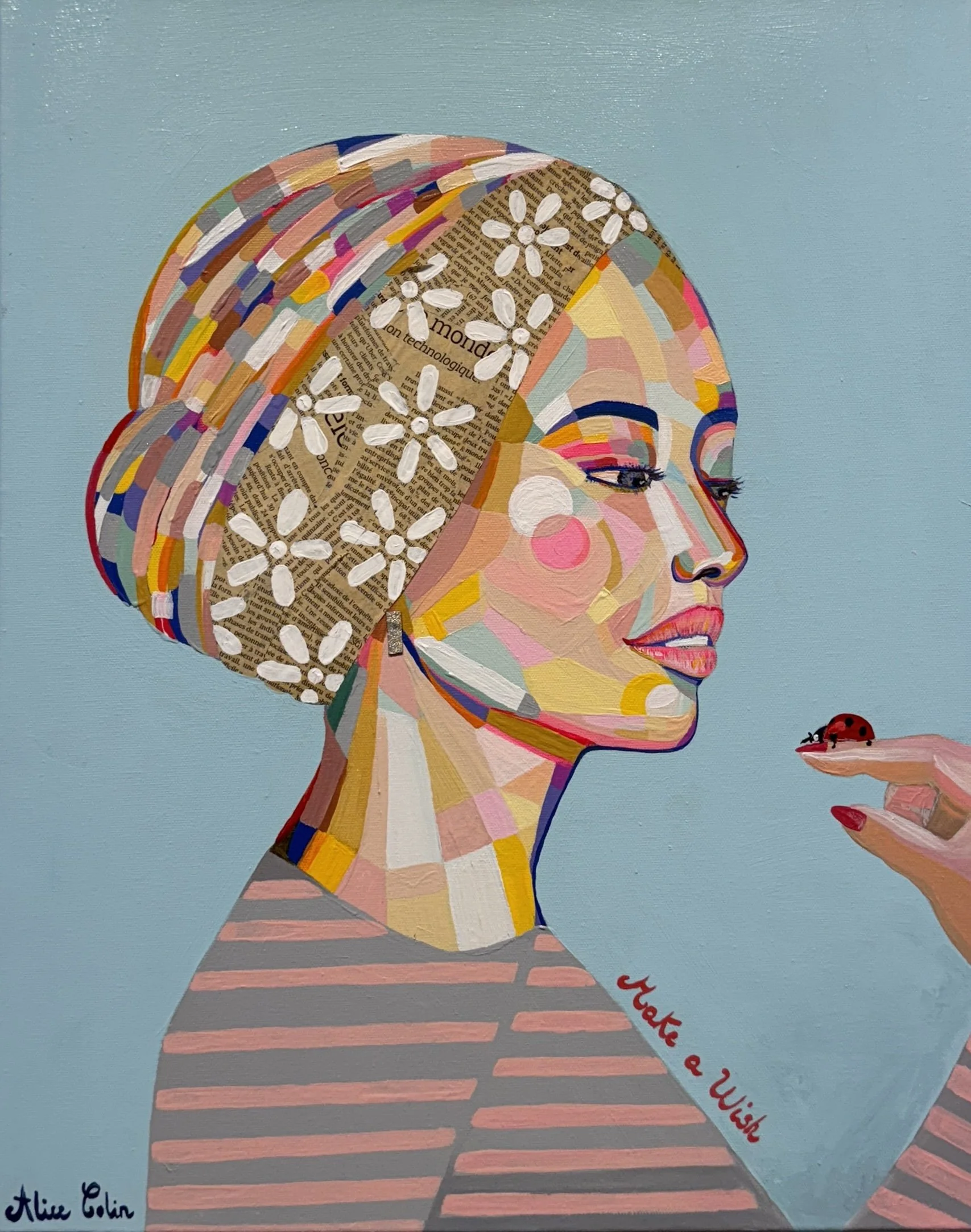 An abstract portrait of a woman with colorful, layered geometric shapes. The woman's face is detailed with bright makeup and she is holding a ladybug on her finger. The background is light blue, with a signature on the bottom right corner.