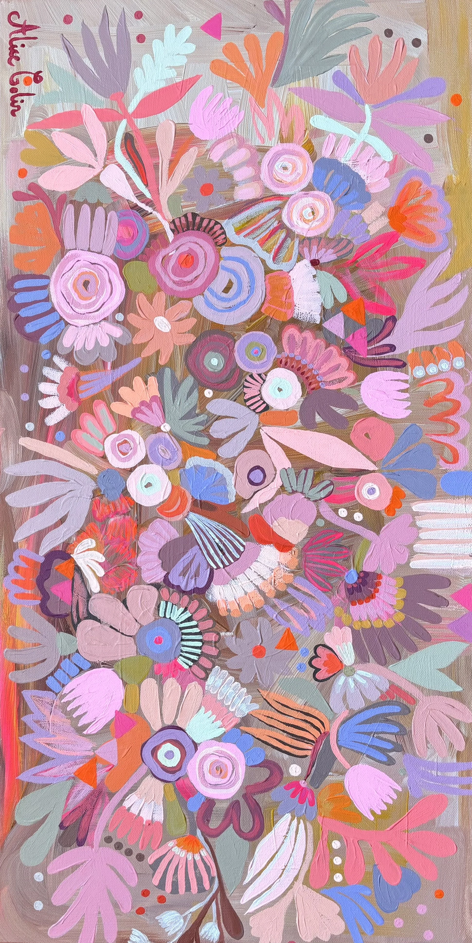 Abstract painting of colorful flowers and leaves with butterflies, featuring shades of pink, purple, blue, orange, and green.