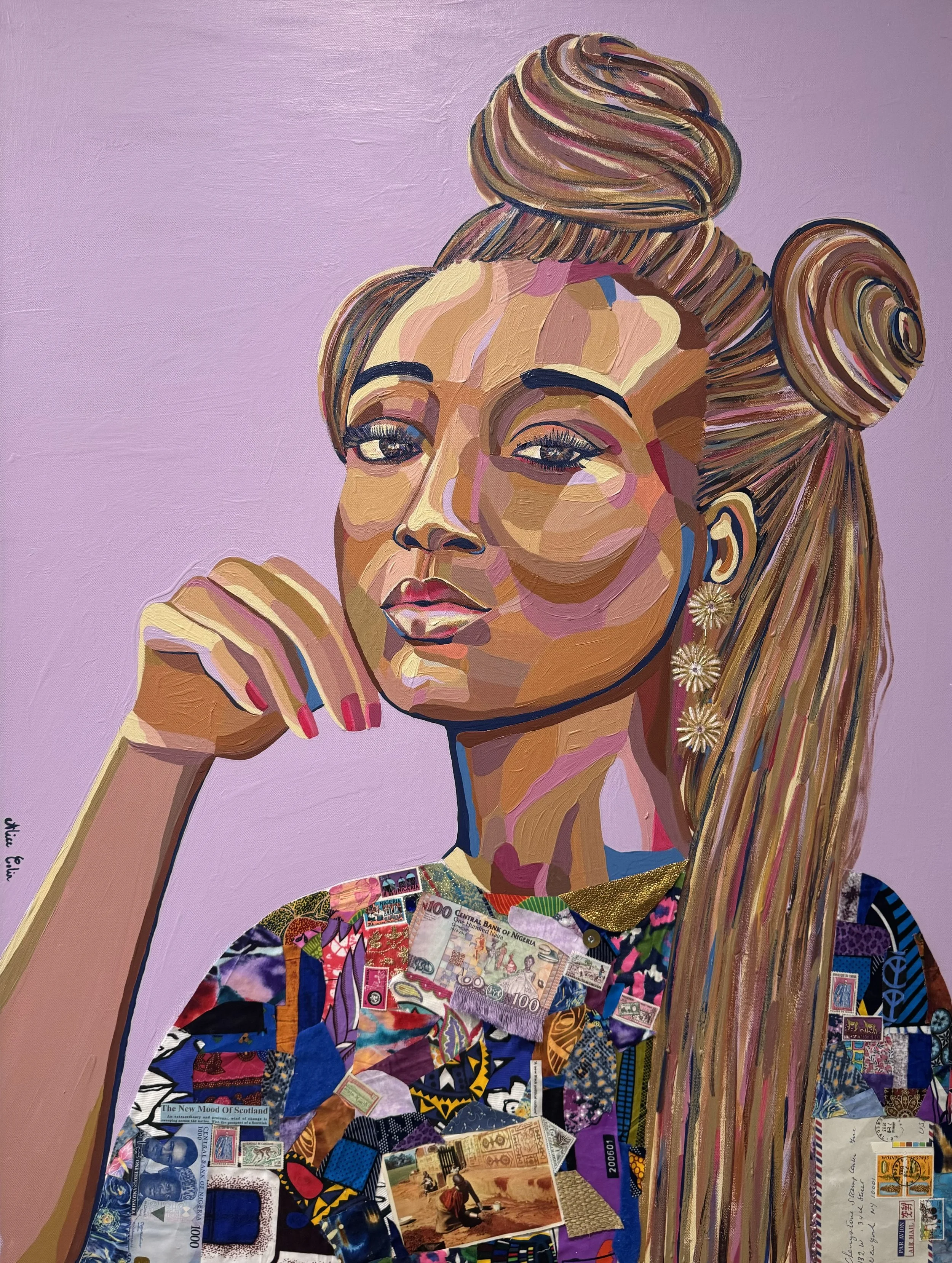 A portrait of a woman with detailed hair, makeup, earrings, and clothing made from collage of various colored paper and magazine cutouts, set against a light purple background.