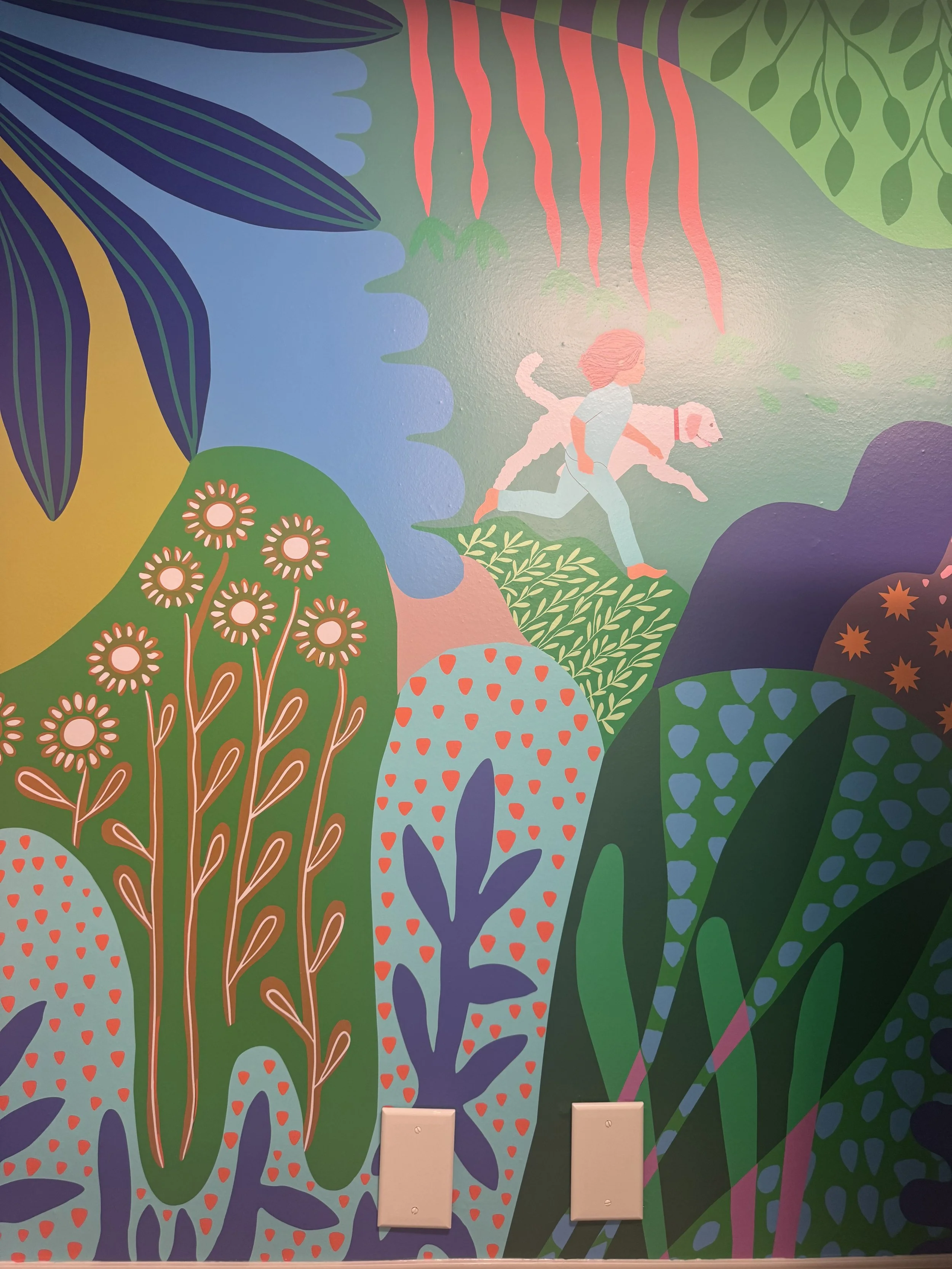 Colorful illustration of animals and nature, featuring elephants, zebras, giraffes, a lion, a bird, a tree with apples, flowers, and a boat against a backdrop of stars, a crescent moon, and a night sky.