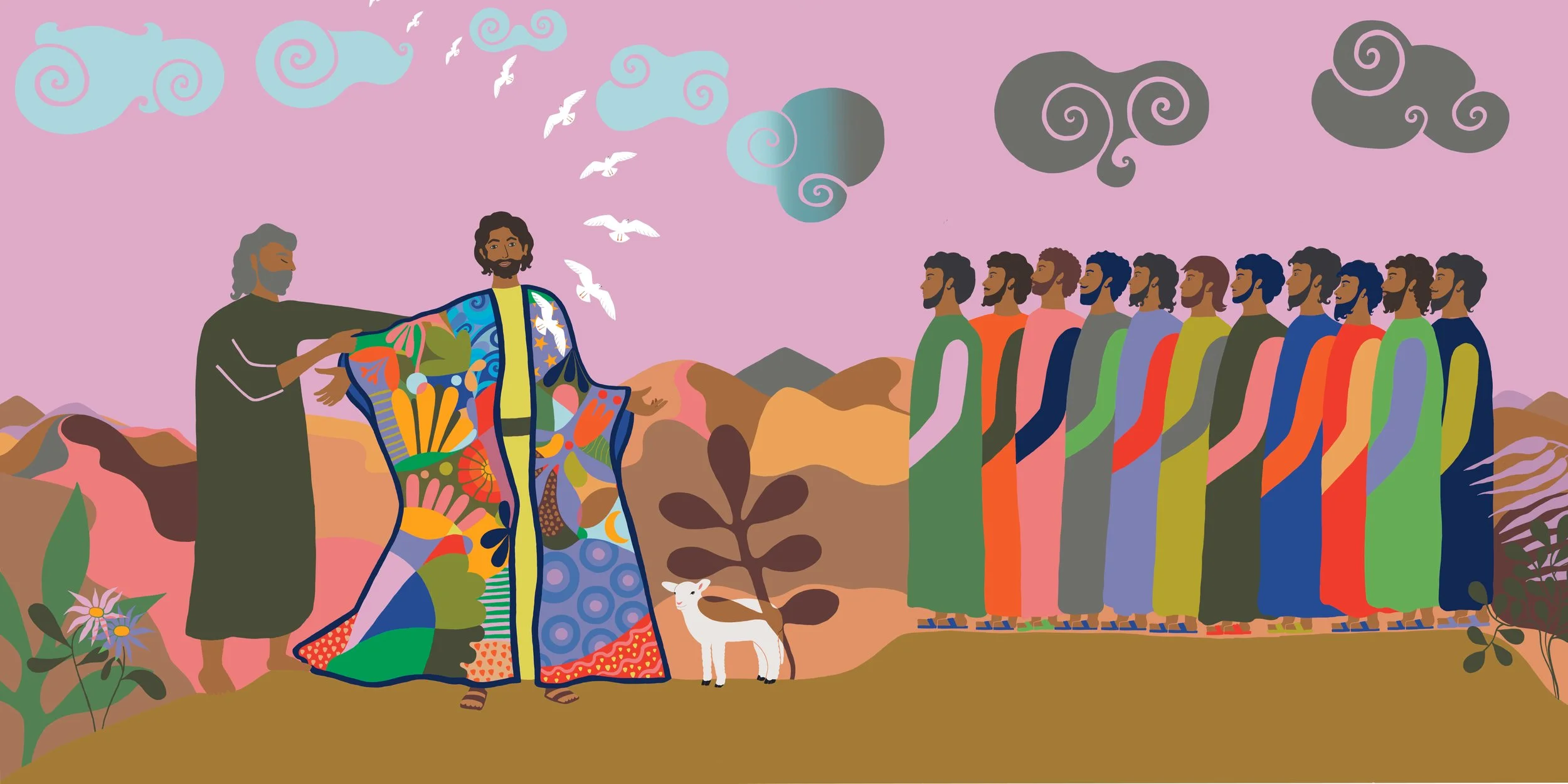 An illustrated scene of a man wrapping a colorful blanket around a person, with a group of men standing in a line in the background, set against a landscape with mountains, plants, and clouds.