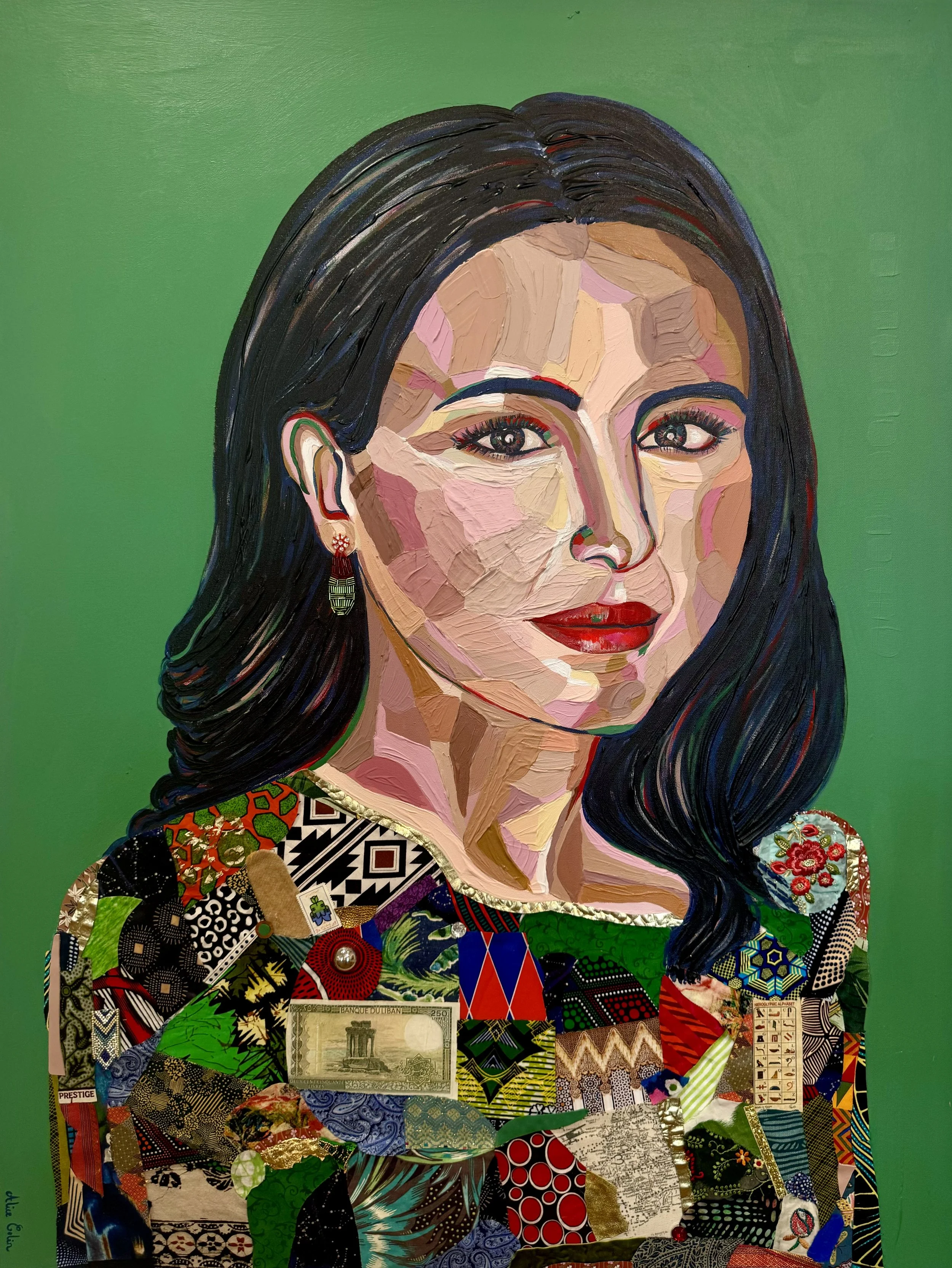 A colorful collage portrait of a woman with dark hair, wearing earrings, a shirt with various patterns, and a tie against a green background.