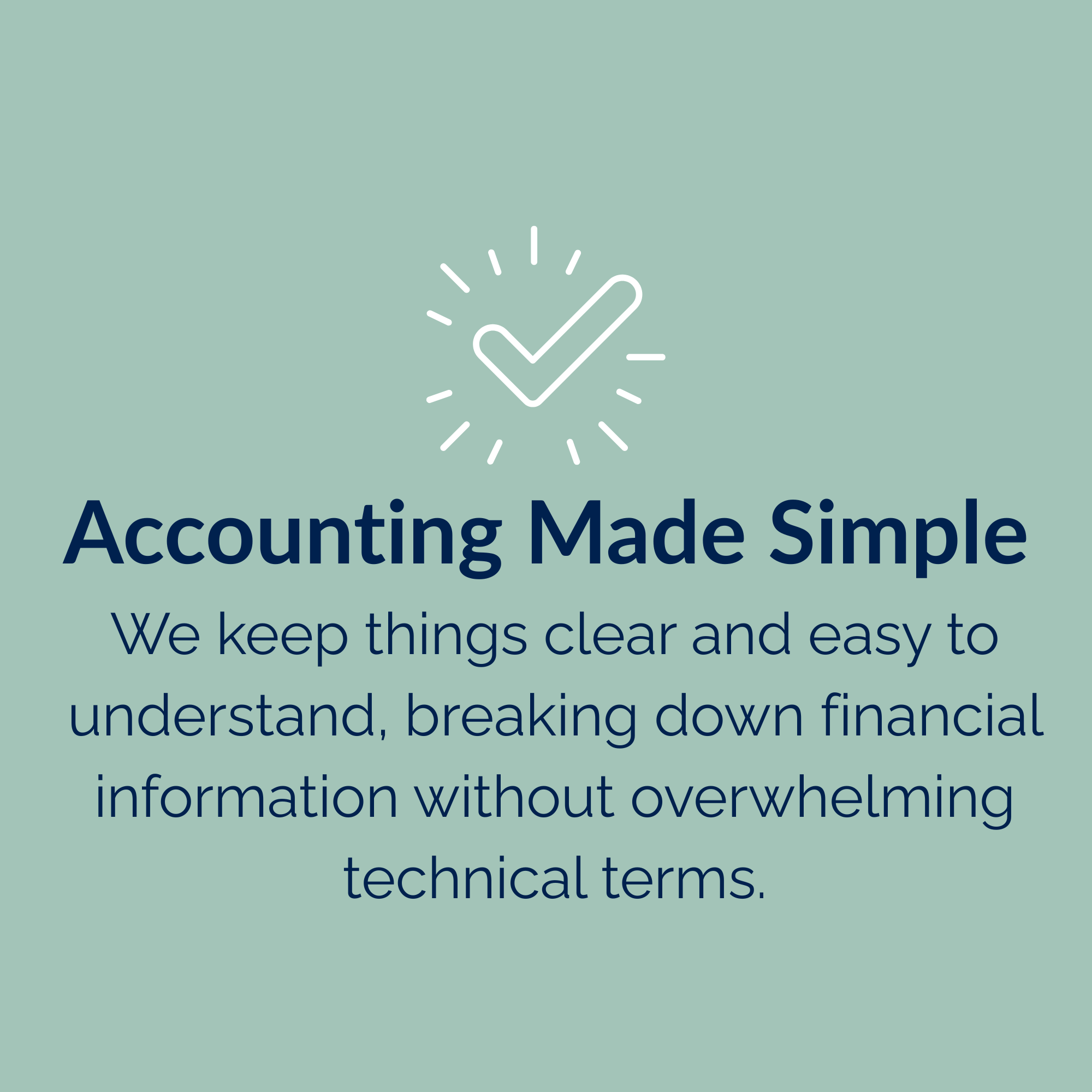 Inspirational quote about accounting with a checkmark icon on a light green background.