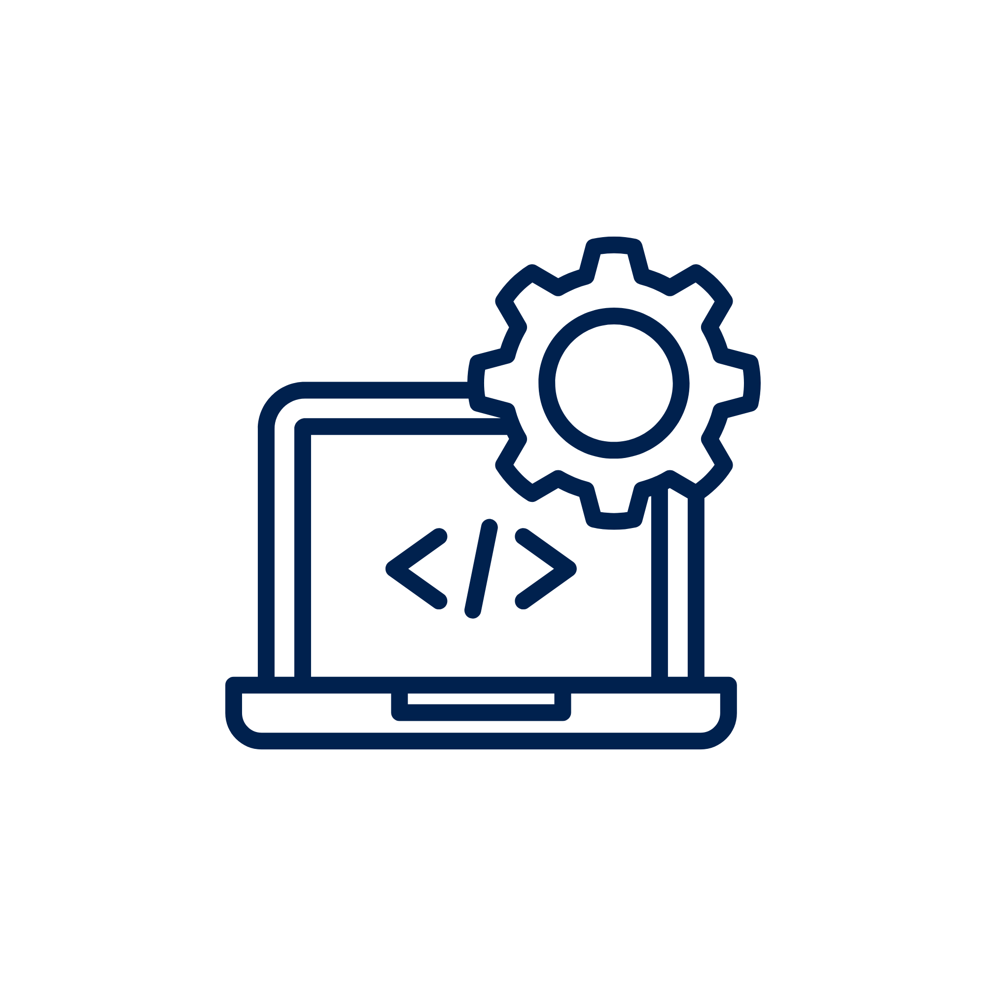 Outline of a computer monitor with a gear icon and a document icon behind it.