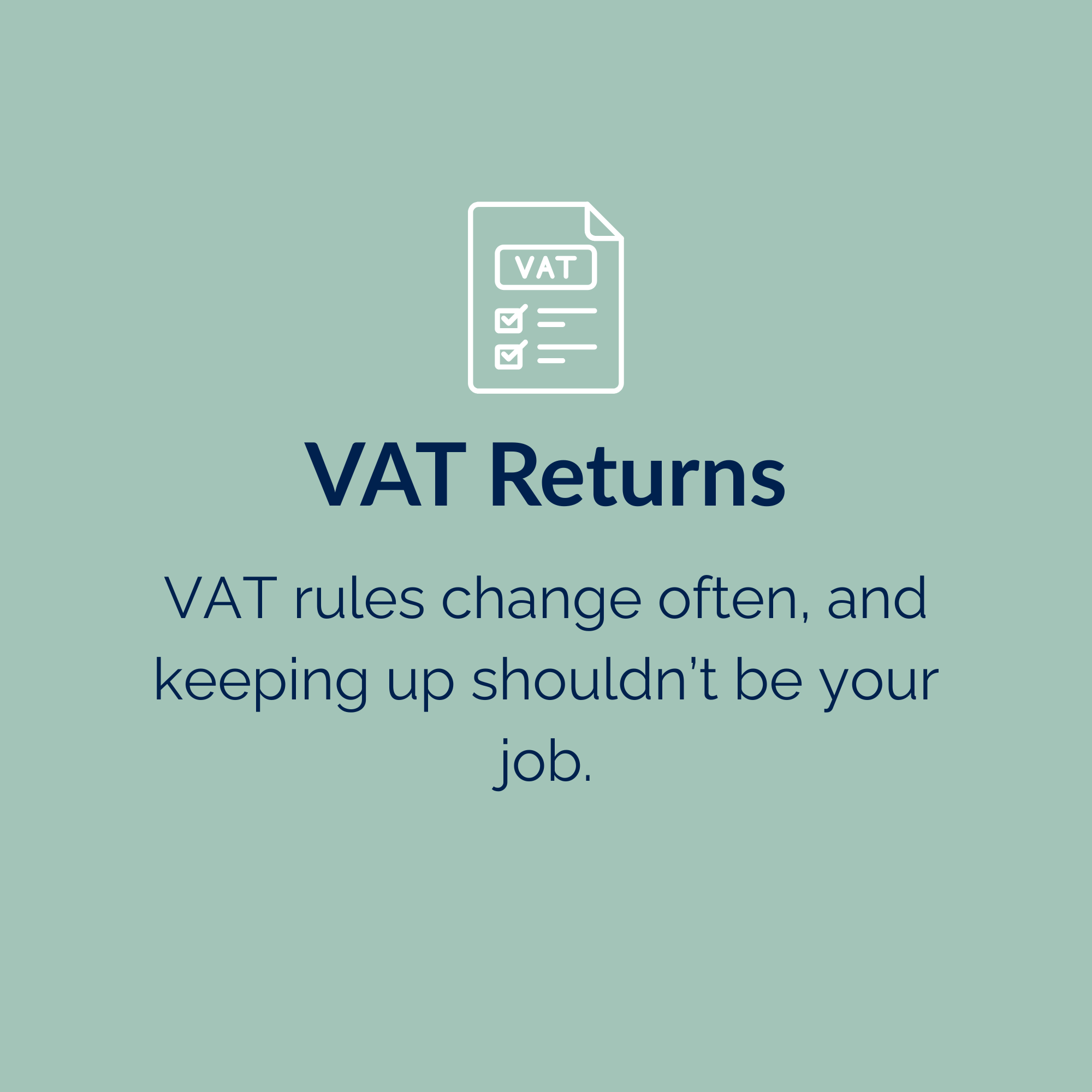 A digital graphic with a teal background, showing an icon of a VAT form with checkmarks, and the text 'VAT Returns' in dark blue font. Additional text is partially visible.
