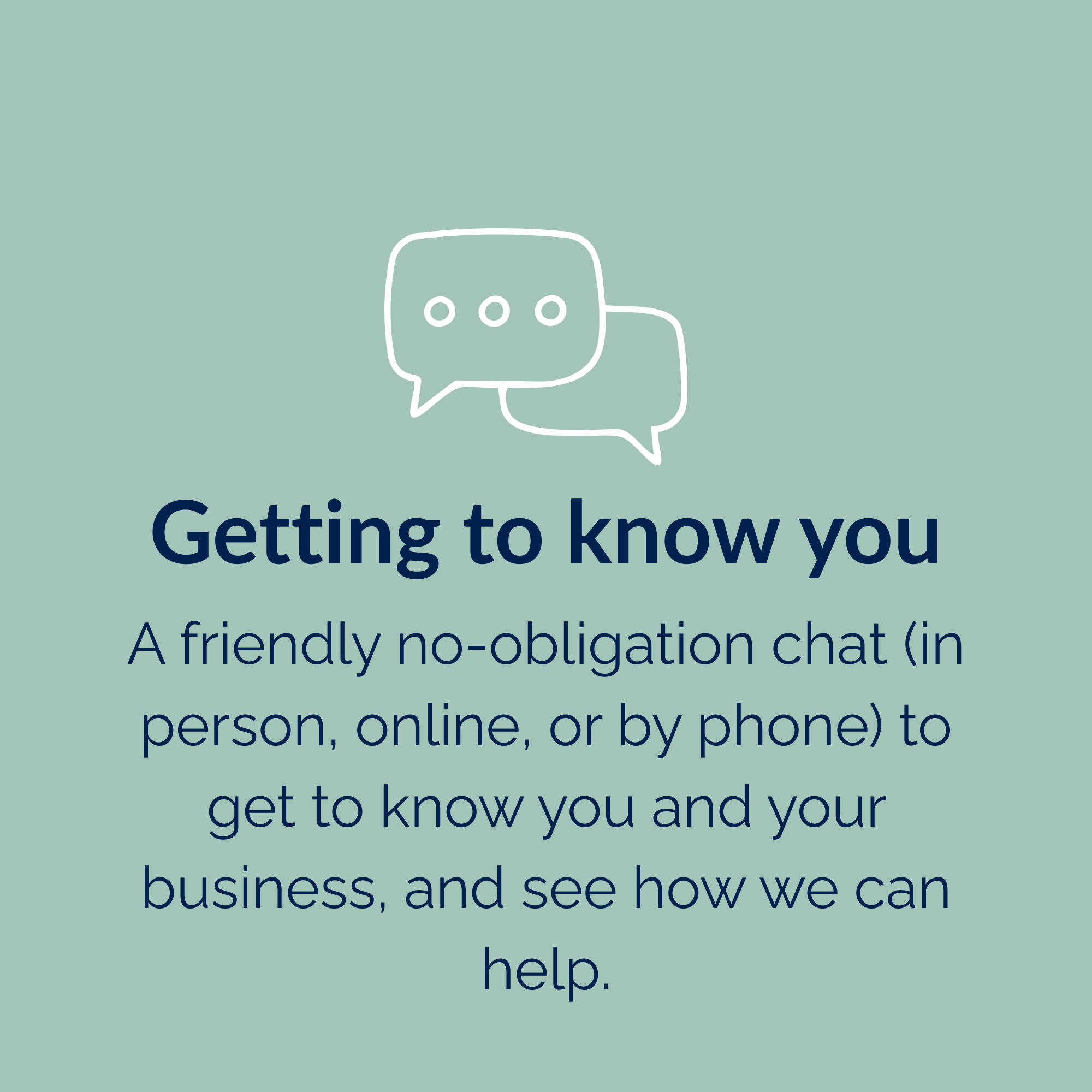 Two speech bubbles, one overlapping the other, on a light green background, with text about getting to know each other and helping.