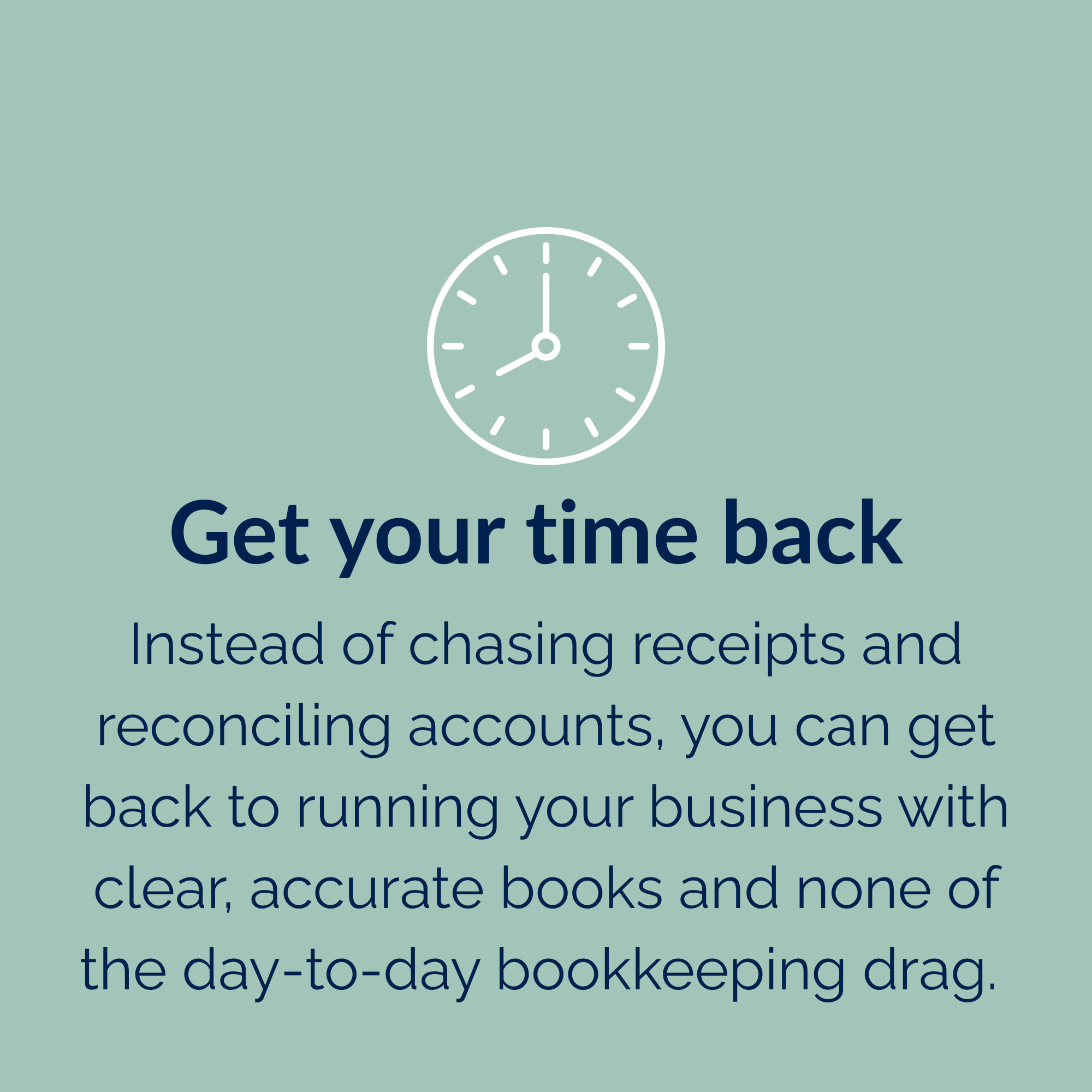 A light teal background with a white clock icon showing 4:00. Underneath, bold navy text reads 'Get your time back'.