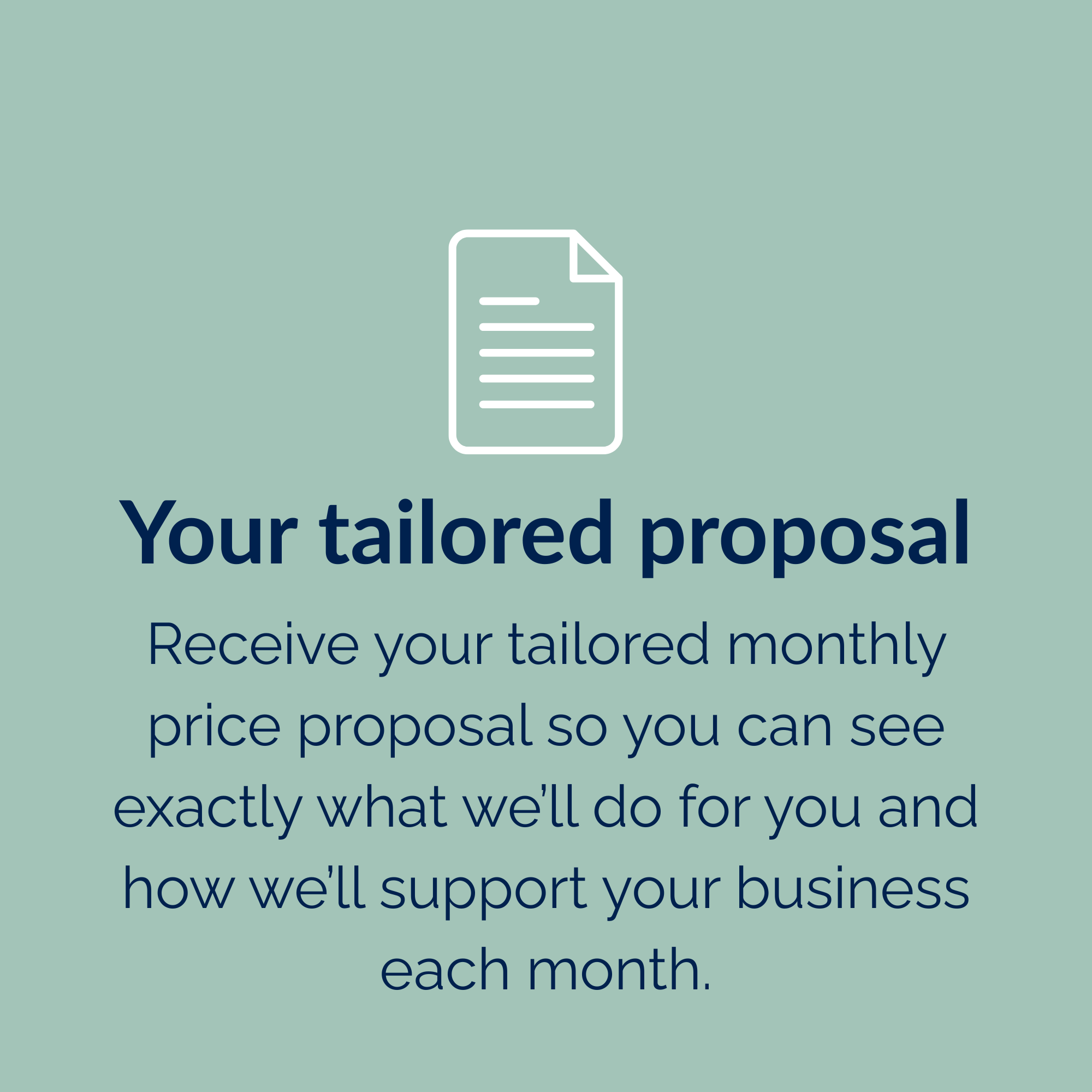 A graphic with a file icon and text offering a tailored proposal service, encouraging viewers to receive a customized monthly price proposal to support their business.