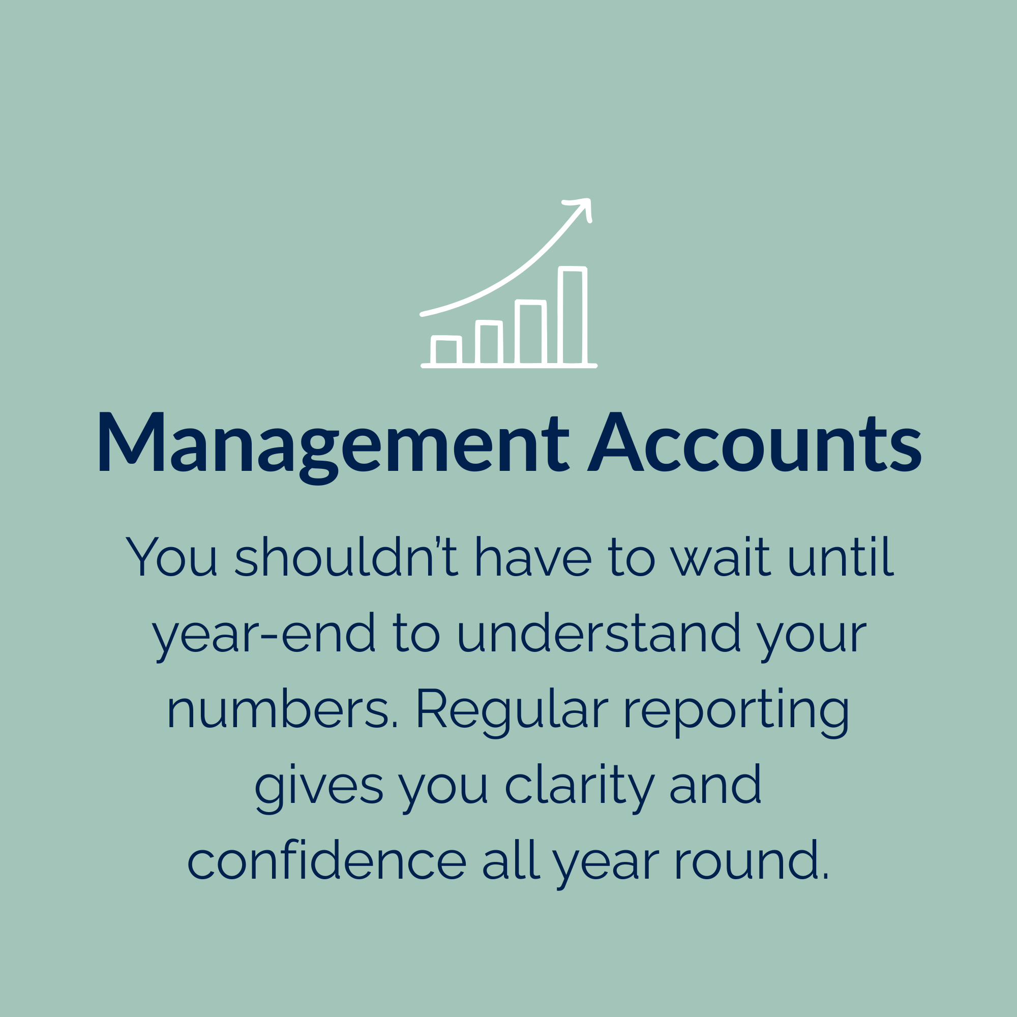 Light blue background with a white upward trending bar chart and text about management accounts and financial understanding.