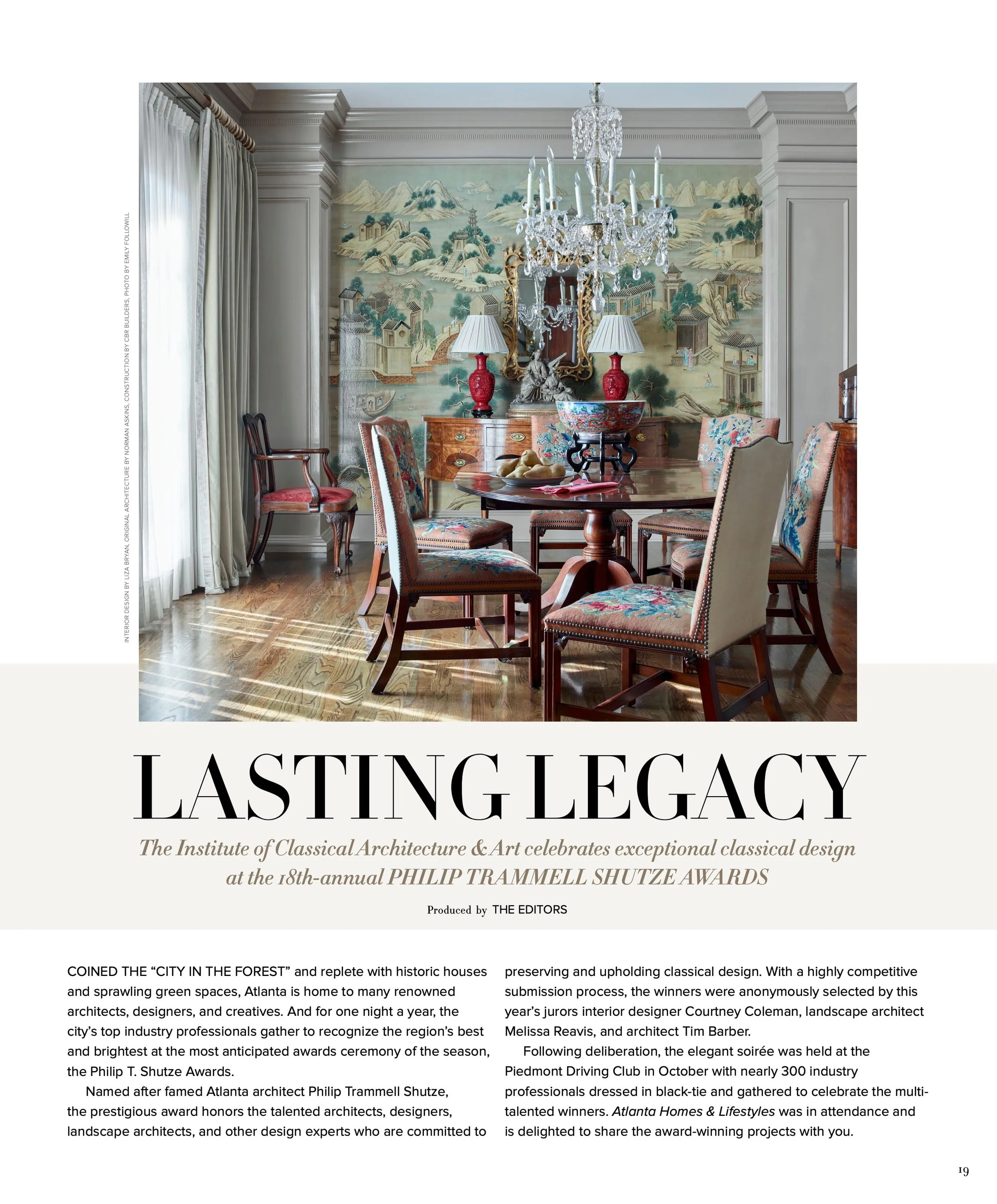 Cover page of a magazine issue titled 'Lasting Legacy,' celebrating classical architecture and art, featuring an ornate interior with a chandelier, elegant furniture, and a mural depicting a landscape scene.