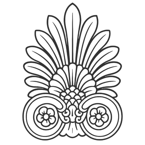 Line drawing of a decorative feathered mask with intricate floral and swirling patterns.