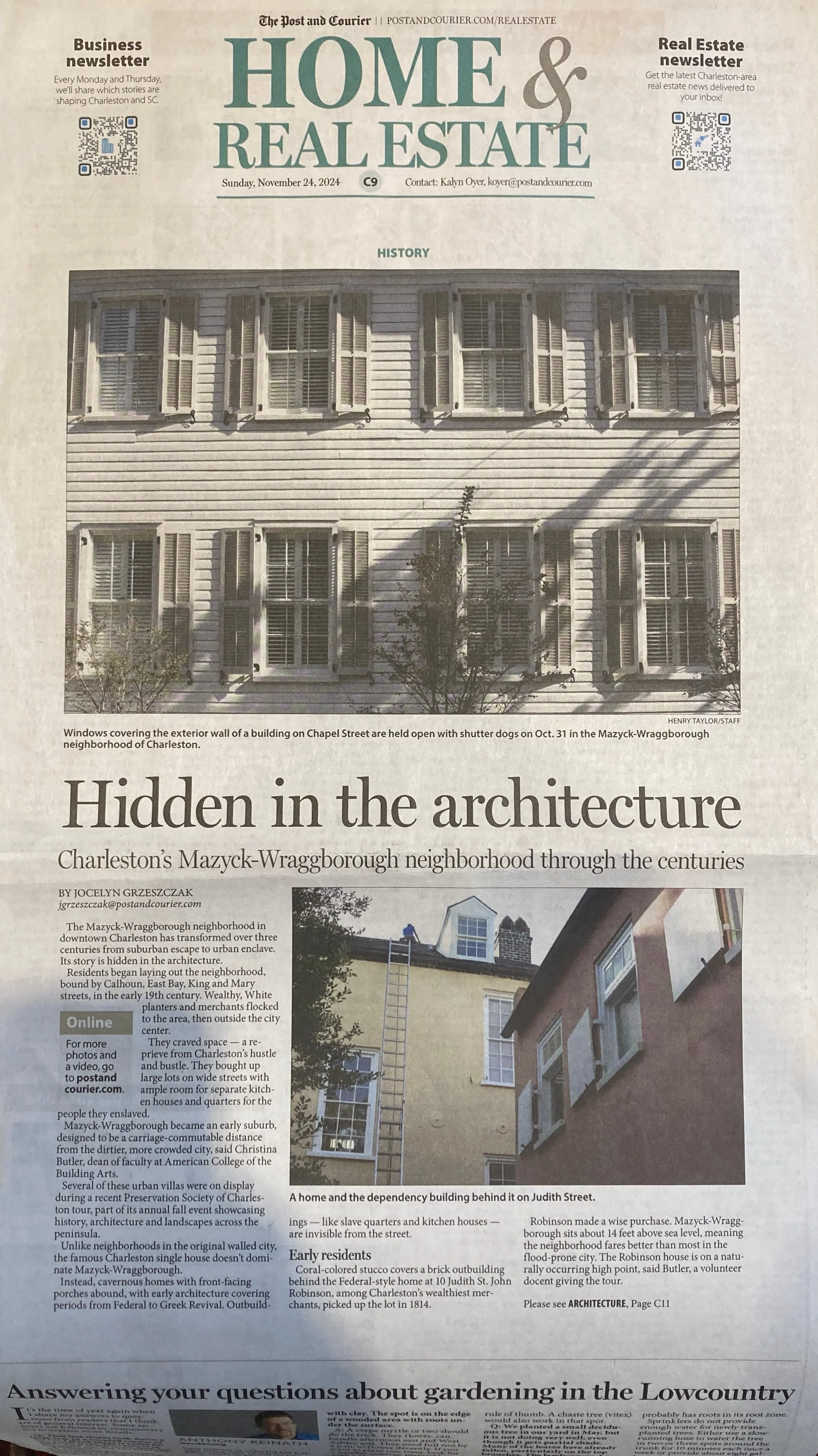 The newspaper features a large photo of windows on the exterior wall of a building on Chapel Street, with open shutters on an October 31 in the Mazyck-Wraggborough neighborhood of Charleston. Below, another photo shows a house and a dependency building on Judith Street, with a person on a ladder near the roof.