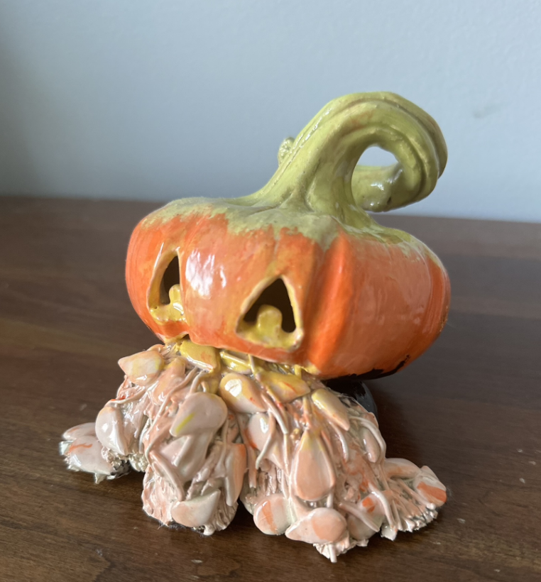 Halloween Sickness. 2021, Stoneware thrown and hand built, cone-fired 05, underglaze, 7” x 5” x 6”