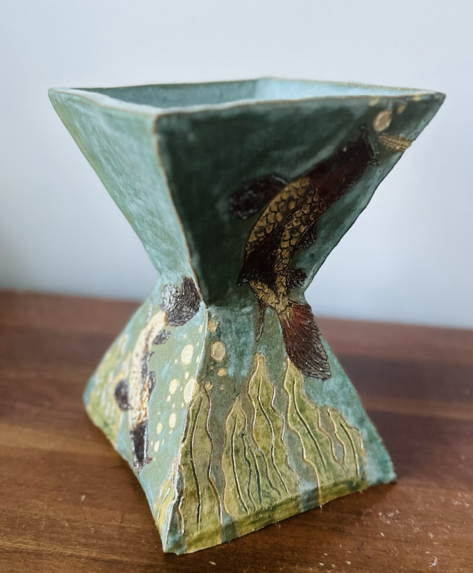 Pond Water. 2020, Stoneware hand built, cone-fired 05, underglaze, 13” x 5” x 5”