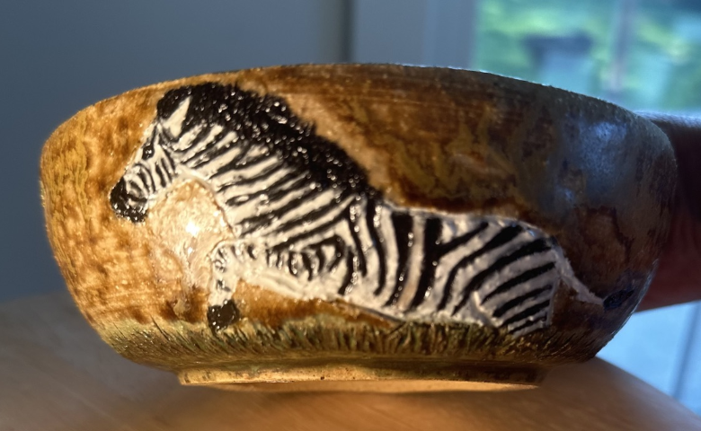 Savana Chase. 2020, Stoneware thrown, cone-fired 05, underglaze, 3” x 7”