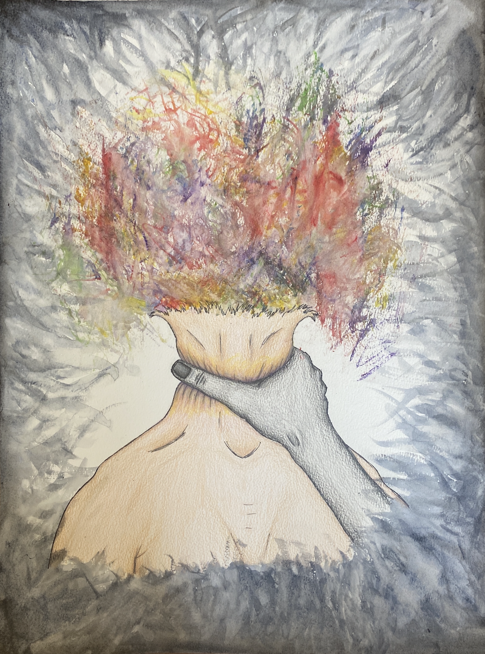 Artist Block. 2021, Colored Pencil on paper, Acrylic Paint, Watercolor, 36” x 22”