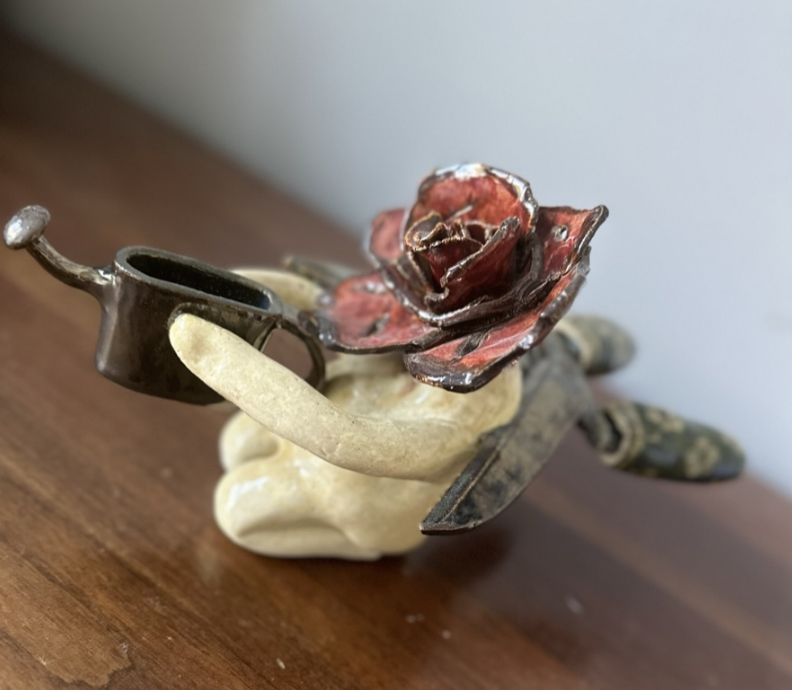 Unassisted. 2021, Stoneware hand built, cone-fired 05, underglaze, 5” x 3” x 8”