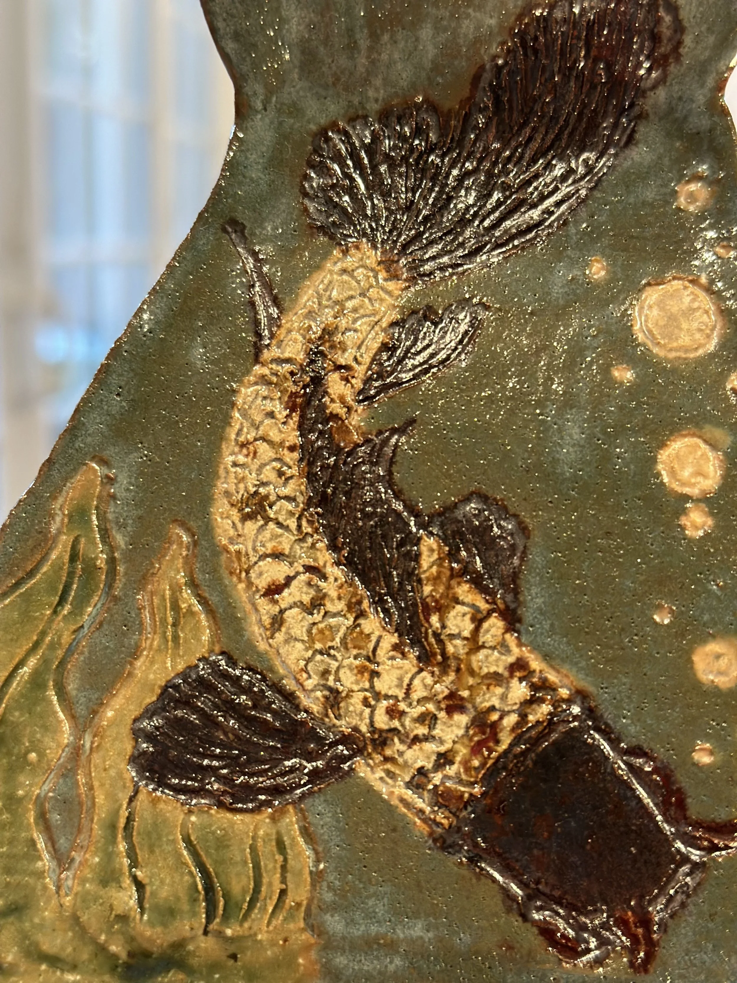 Pond Water. 2020, Stoneware hand built, cone-fired 05, underglaze, 13” x 5” x 5”