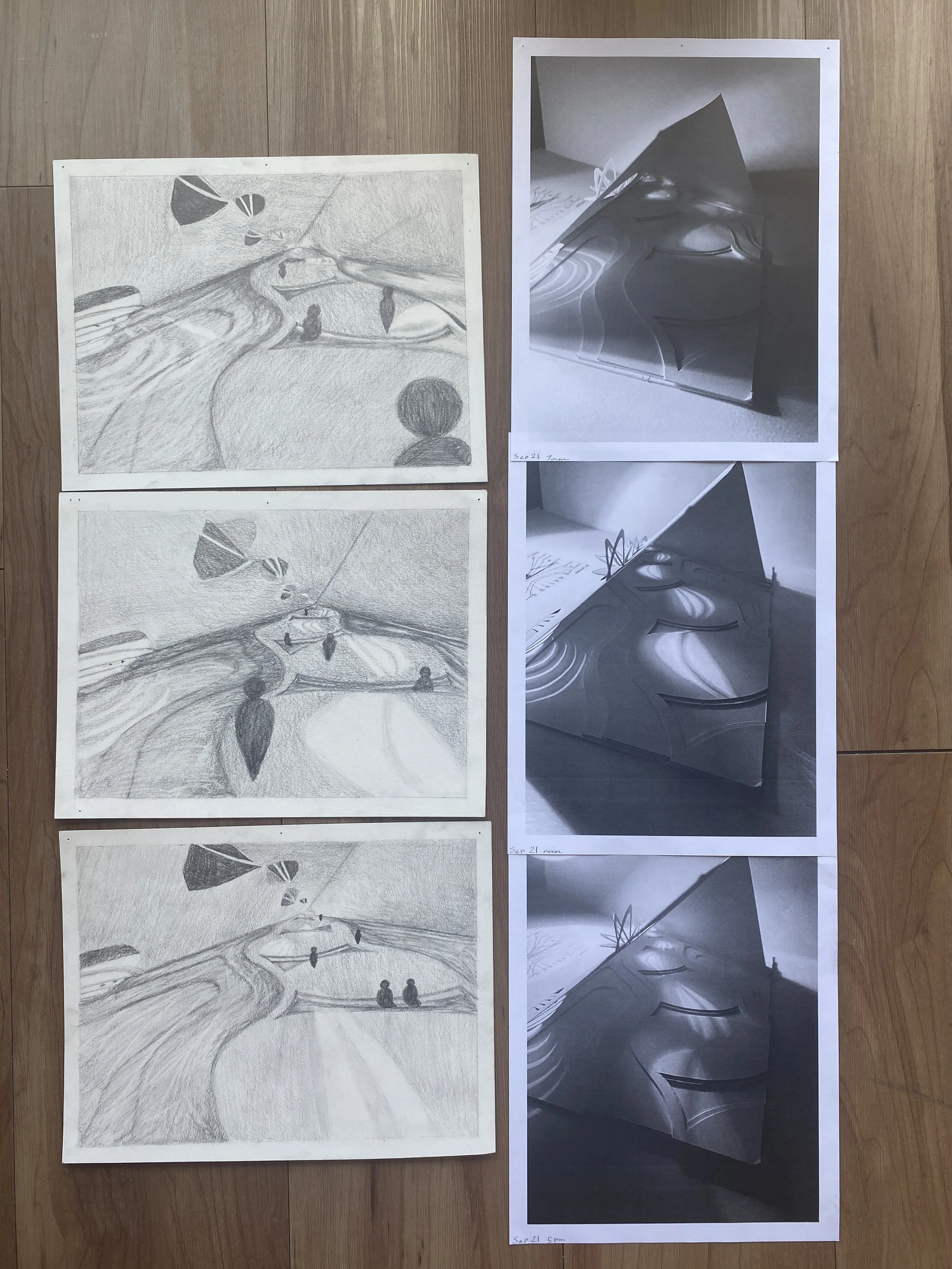 Sunlight Pools Time Study. 2023, Ink on paper, daylight date and time set at Sept 21st at 7am, 12pm, and 5pm,  11” x 14”