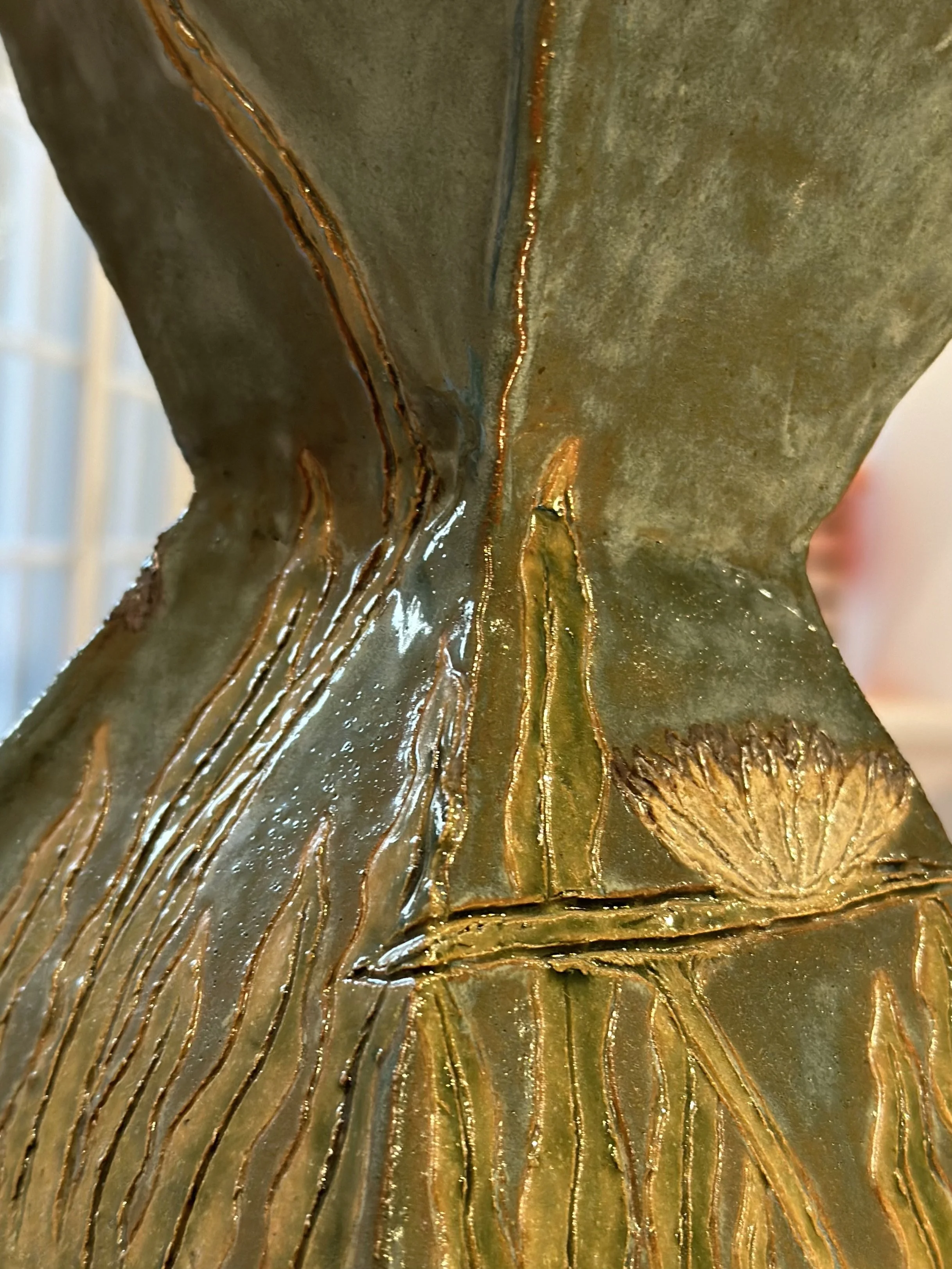 Pond Water. 2020, Stoneware hand built, cone-fired 05, underglaze, 13” x 5” x 5”