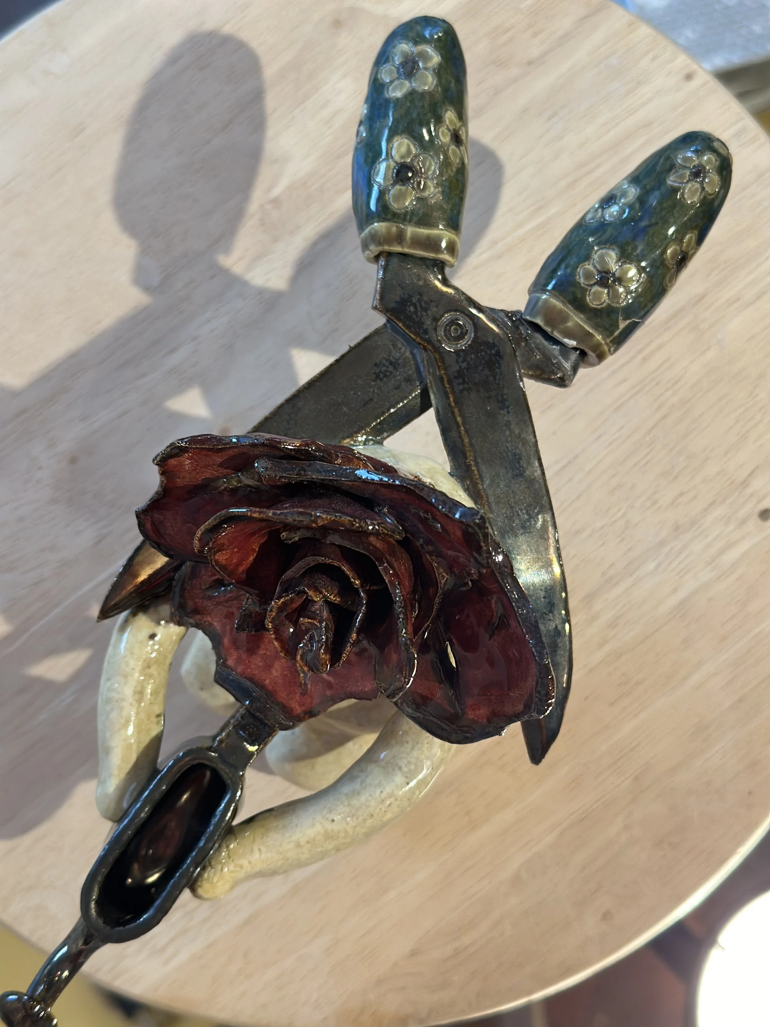 Unassisted. 2021, Stoneware hand built, cone-fired 05, underglaze, 5” x 3” x 8”