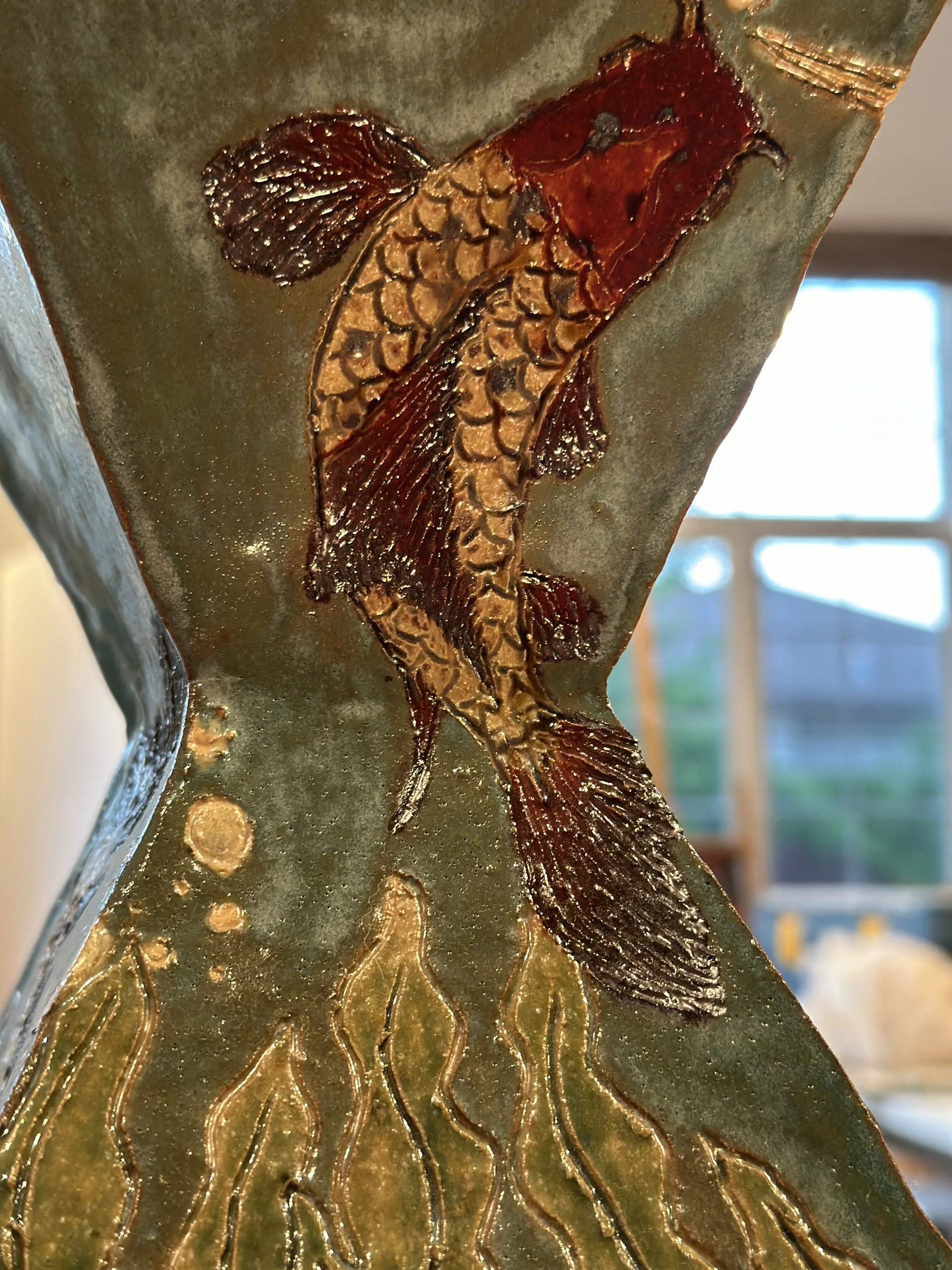 Pond Water. 2020, Stoneware hand built, cone-fired 05, underglaze, 13” x 5” x 5”