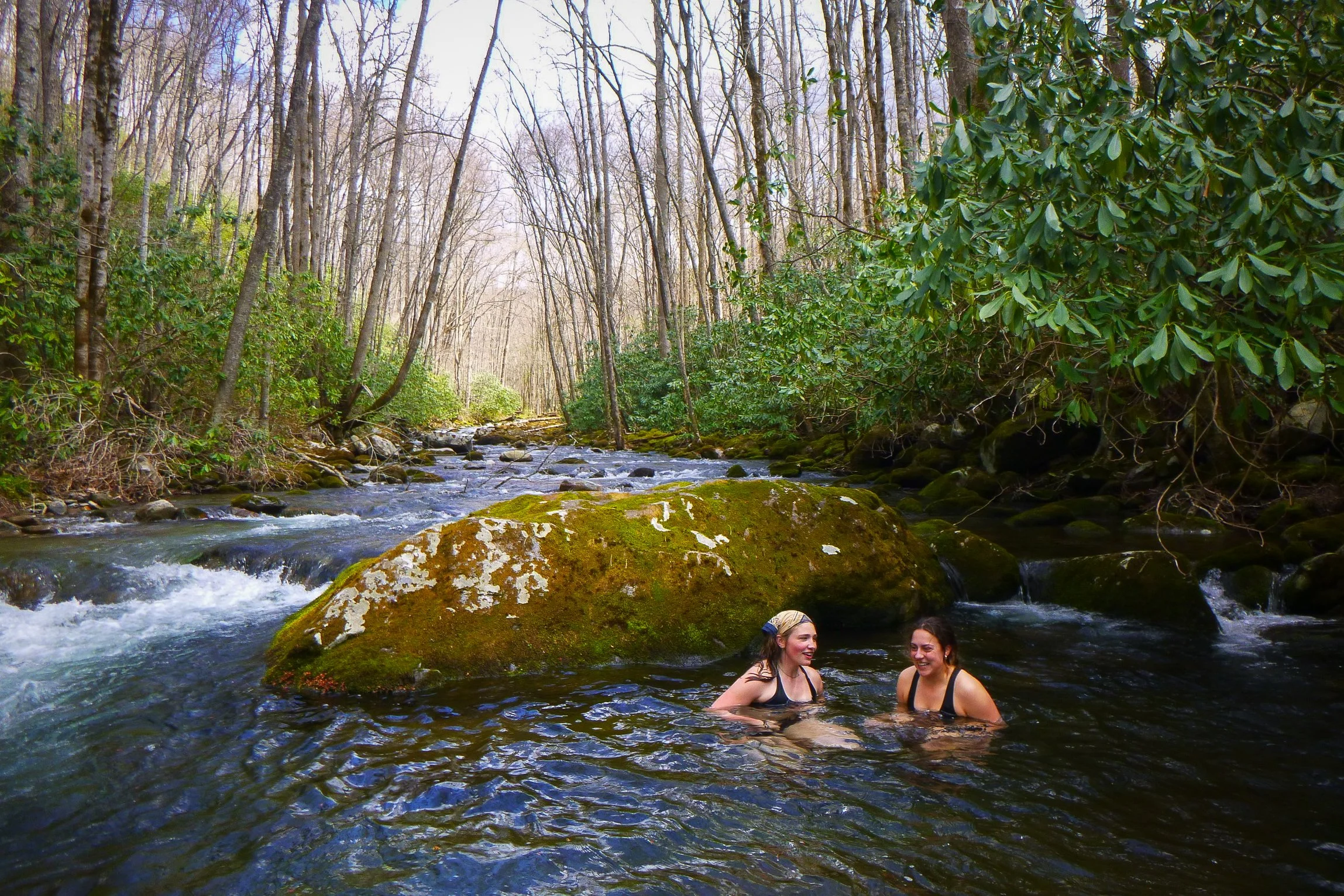 Two people swimming in a mountain river, Little River, Great Smoky Mountains